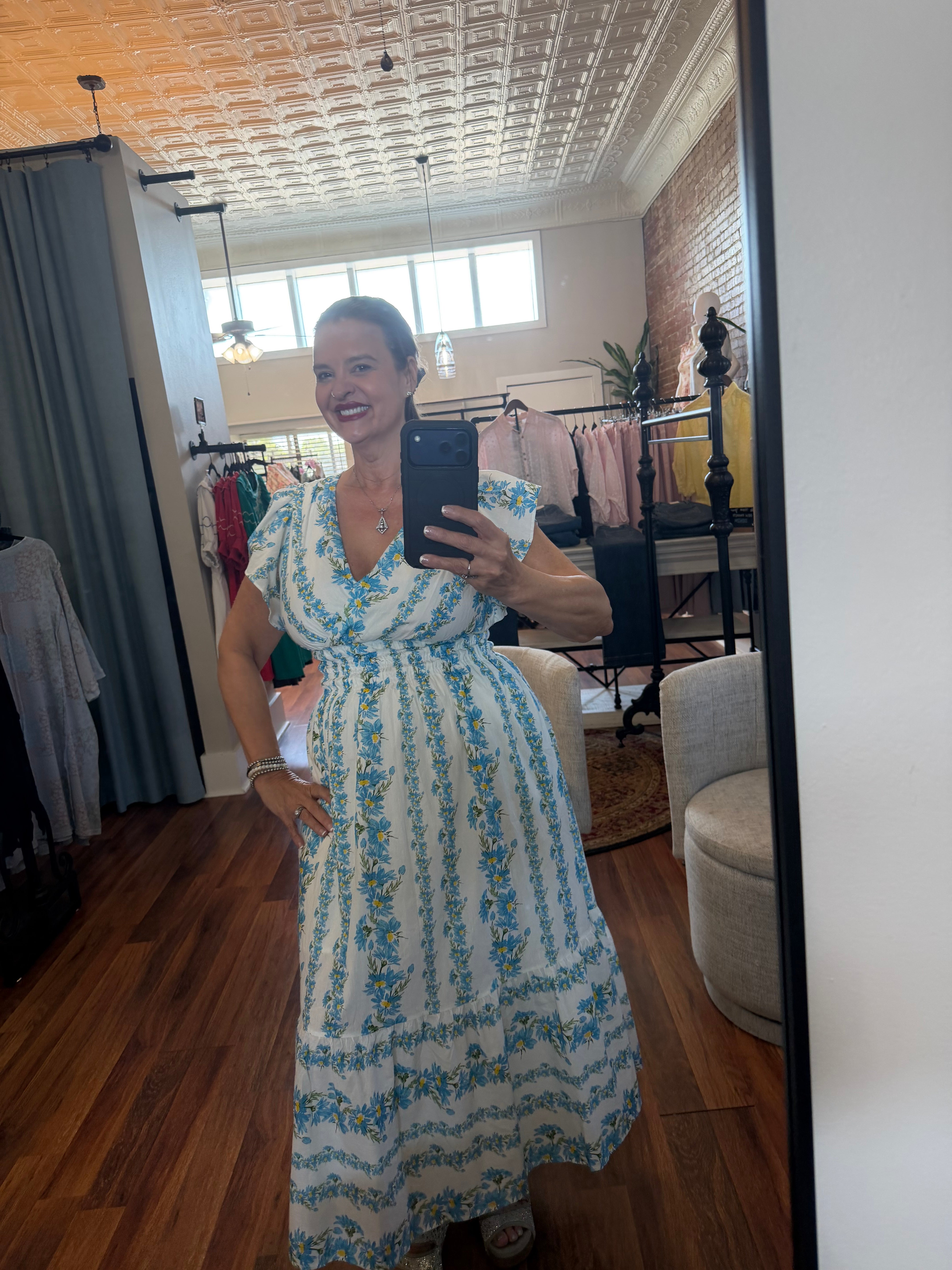 Floral Stripe Surplice Midi Dress front mirror view