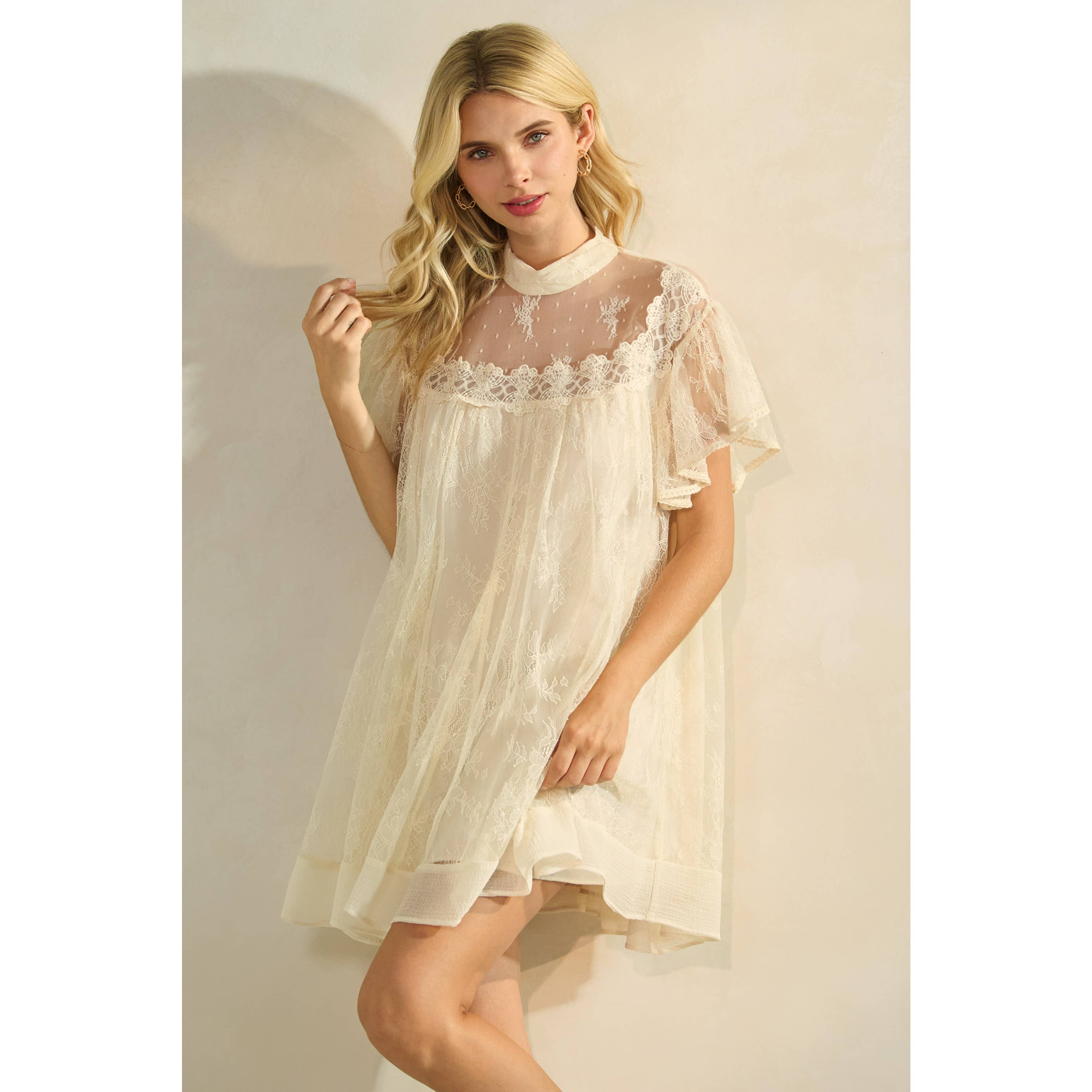 Lace flutter sleeve mock neck mini dress