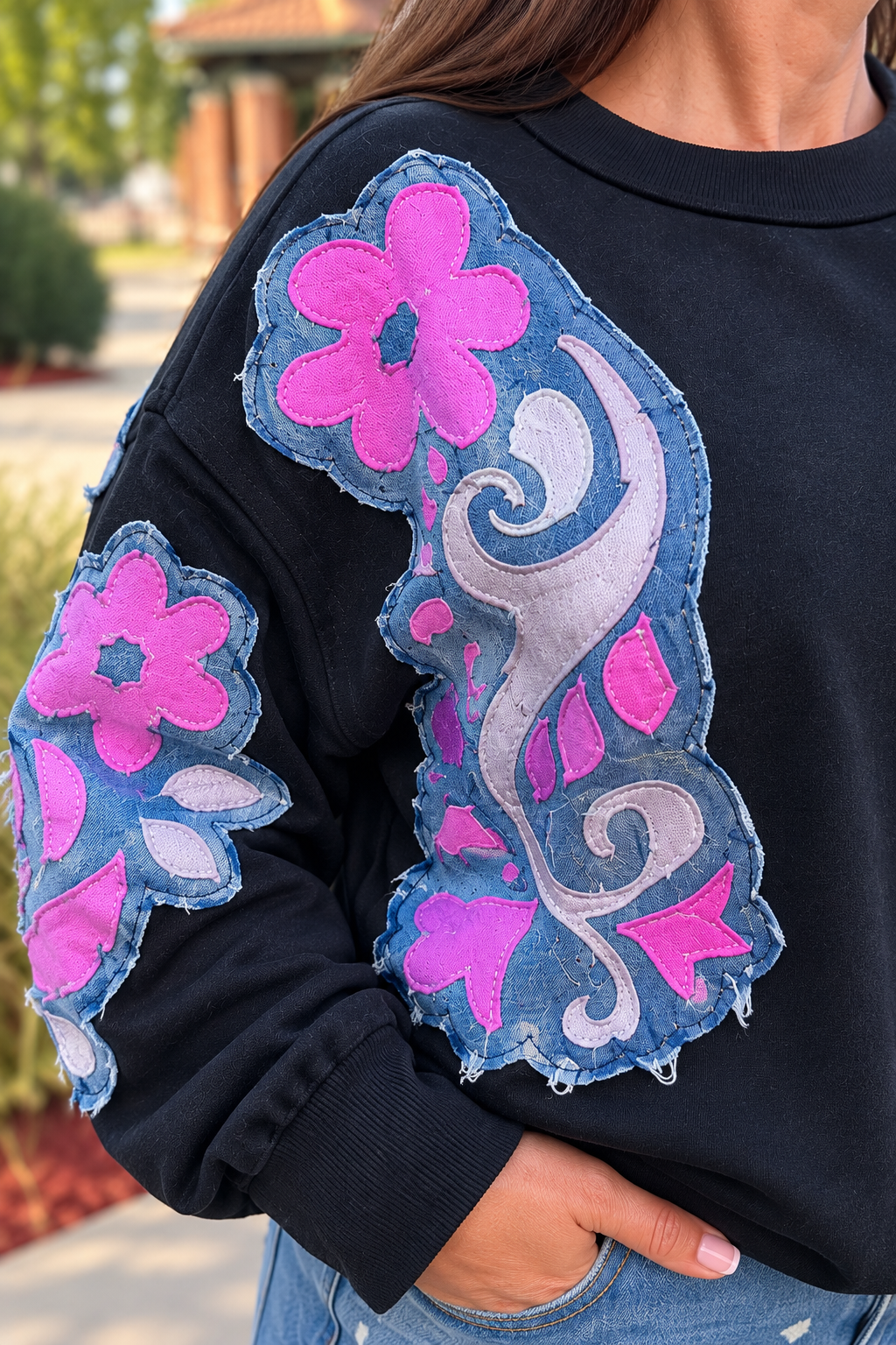 Cotton-blend floral denim patchwork pullover in mineral wash close up view