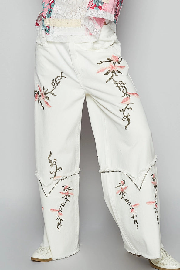 Floral Embroidery Detail Woven Pants
