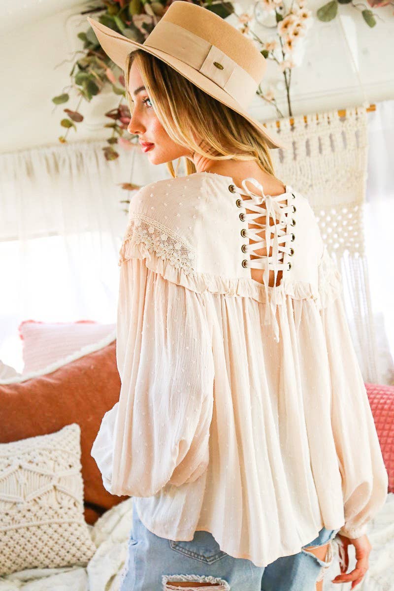 Swiss Dot Lace-Up Patterned Blouse