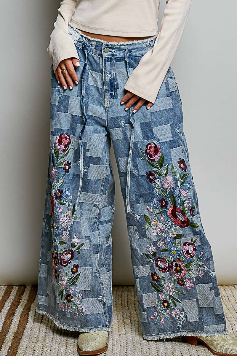 Vintage Bloom Denim Wide Leg Pants