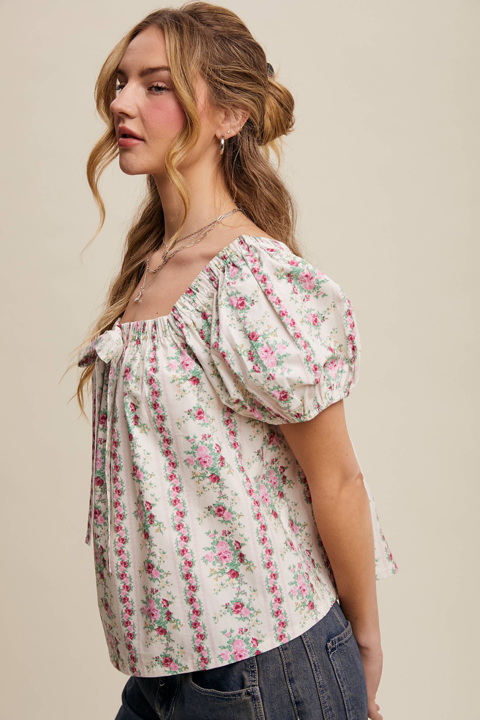 Pink Flower Floral Puff Sleeve Blouse
