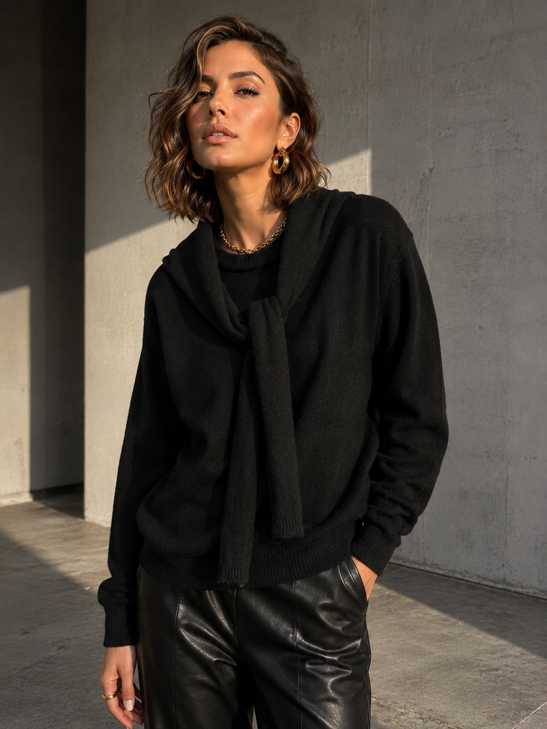 A woman wearing a black knit sweater with a draped tie neckline and black leather pants, standing against a concrete wall in warm sunlight.