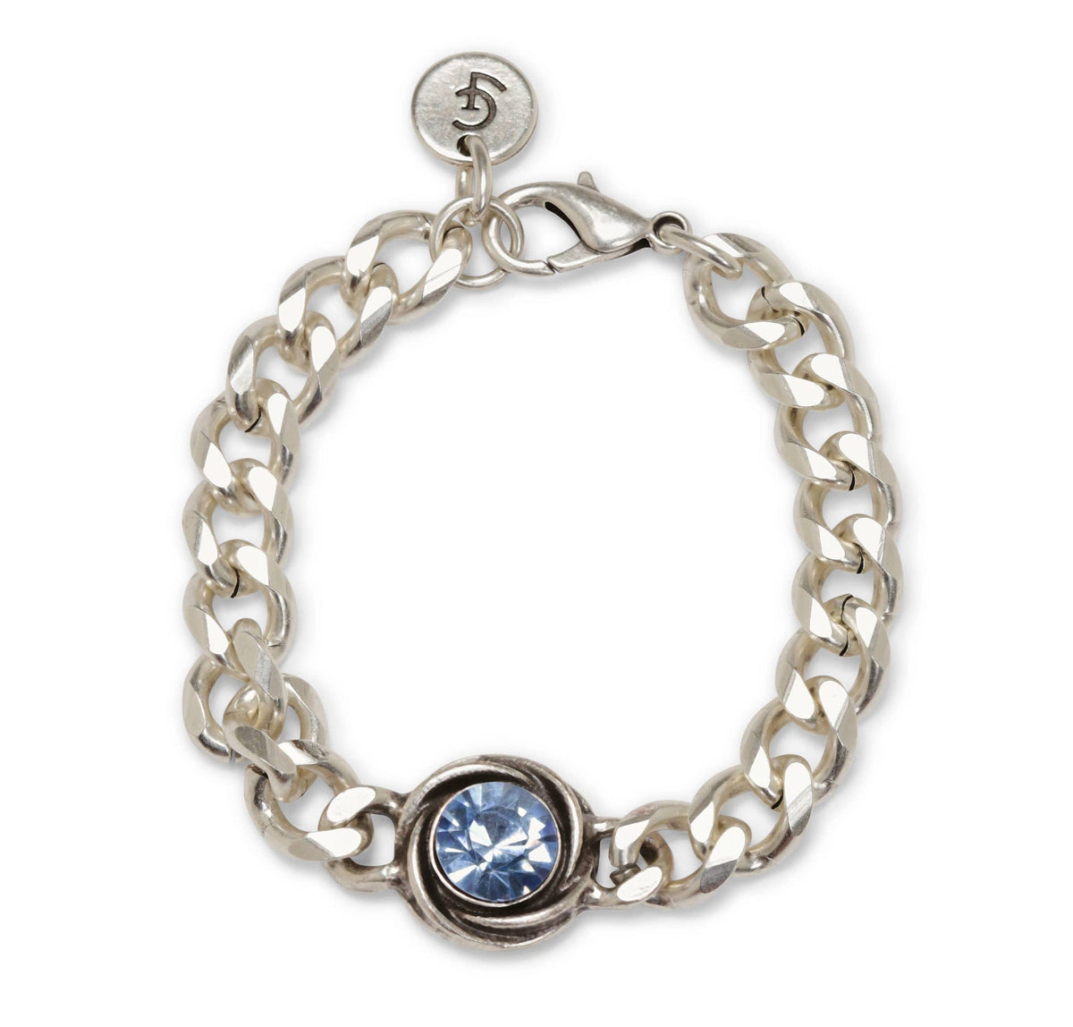 Silver chain bracelet with a blue gemstone on a white background