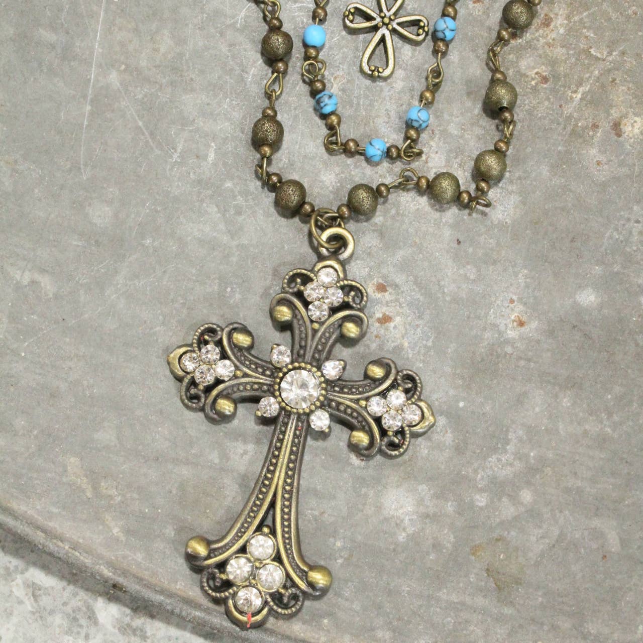 Vintage Bronze Cross Denim Czech Pendant Layered Necklace
