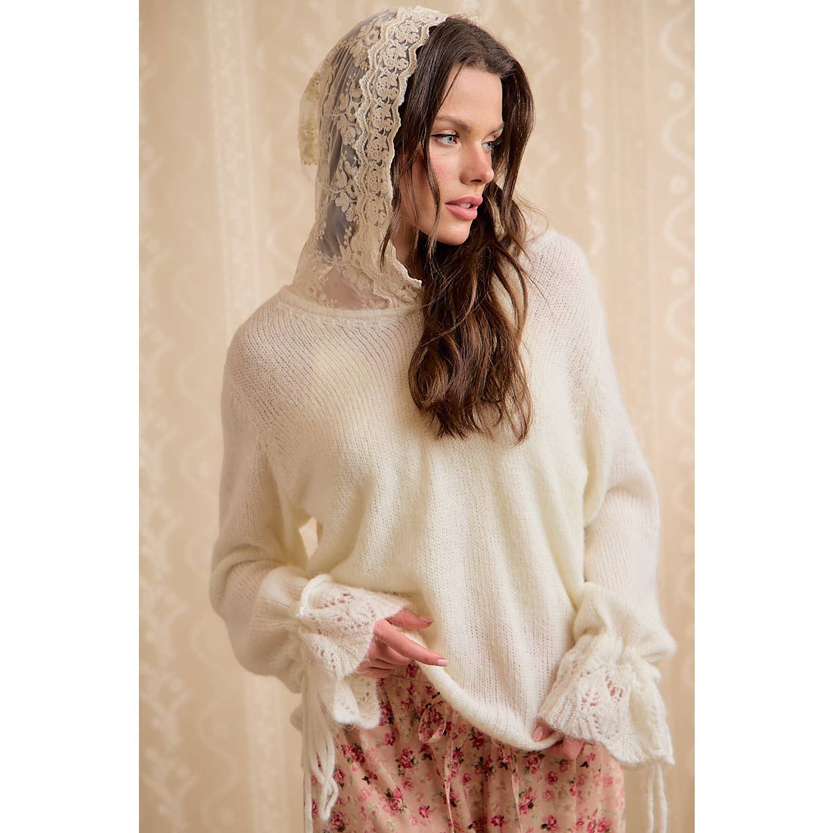 Ivory Lace Hoodie Fringe Sweater