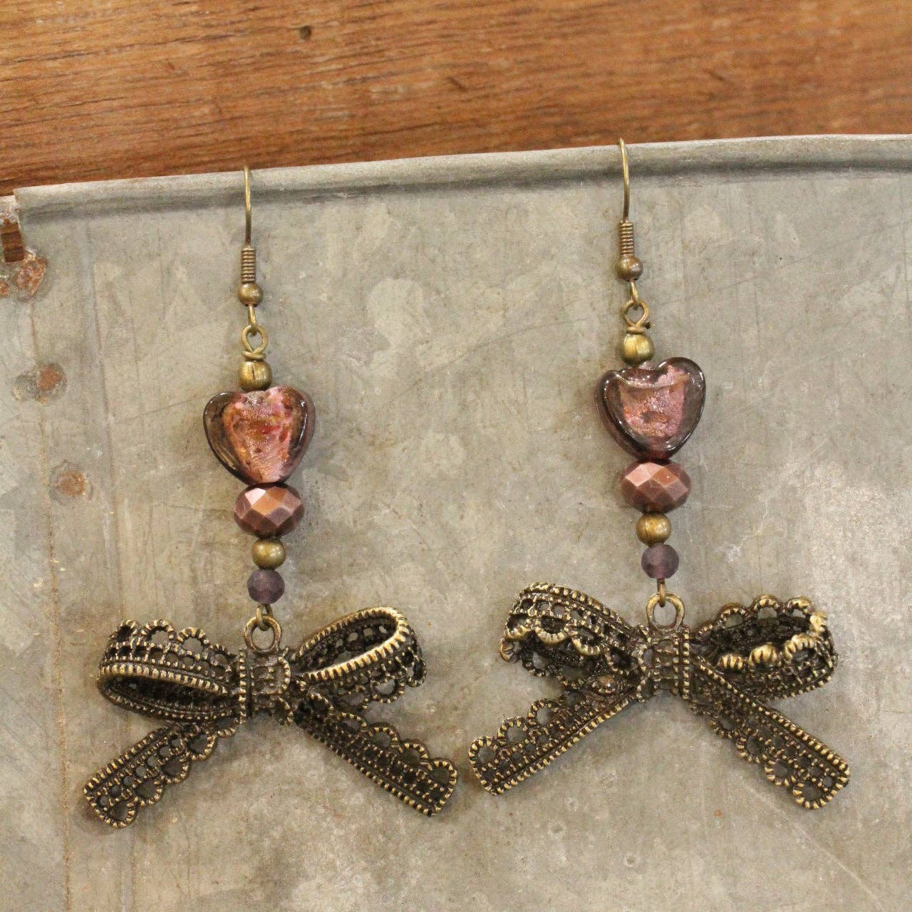 Vintage Purple Glass Bow Drop Earrings