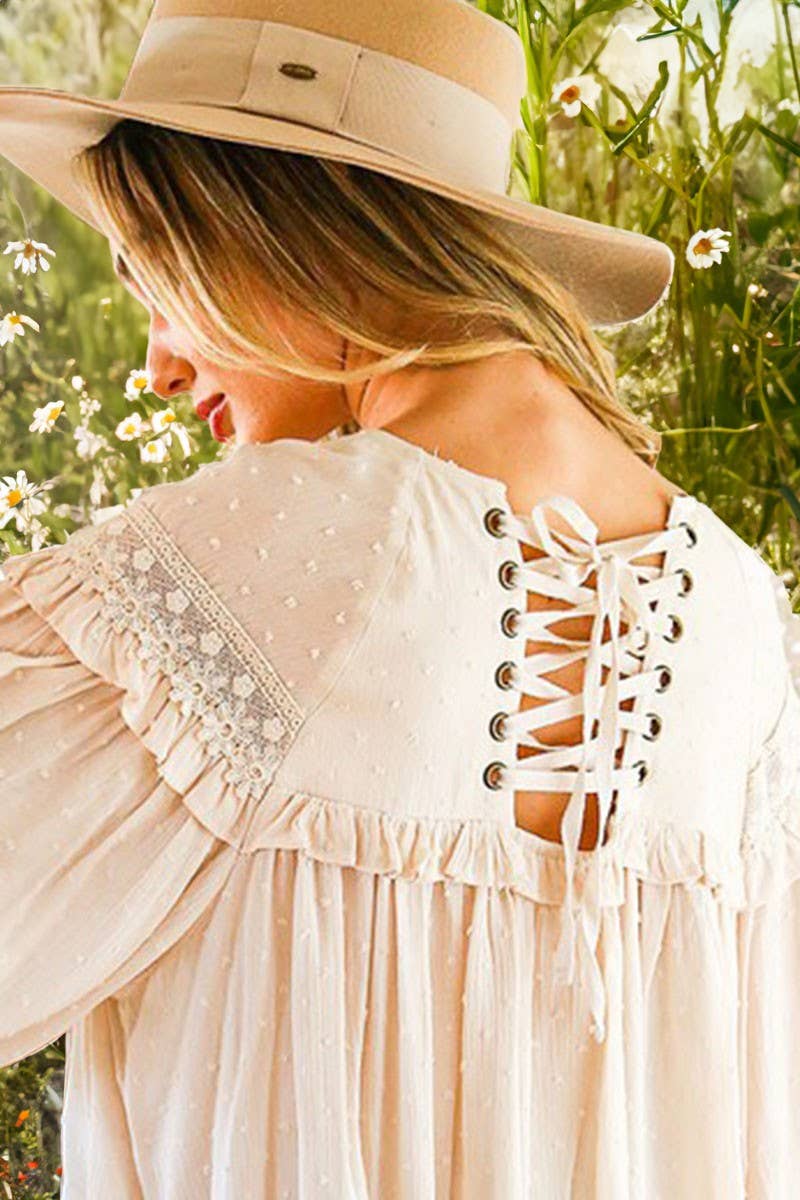 Swiss Dot Lace-Up Patterned Blouse