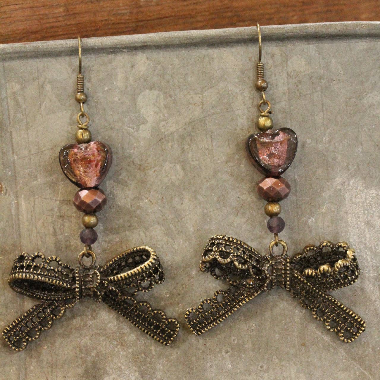 Vintage Purple Glass Bow Drop Earrings