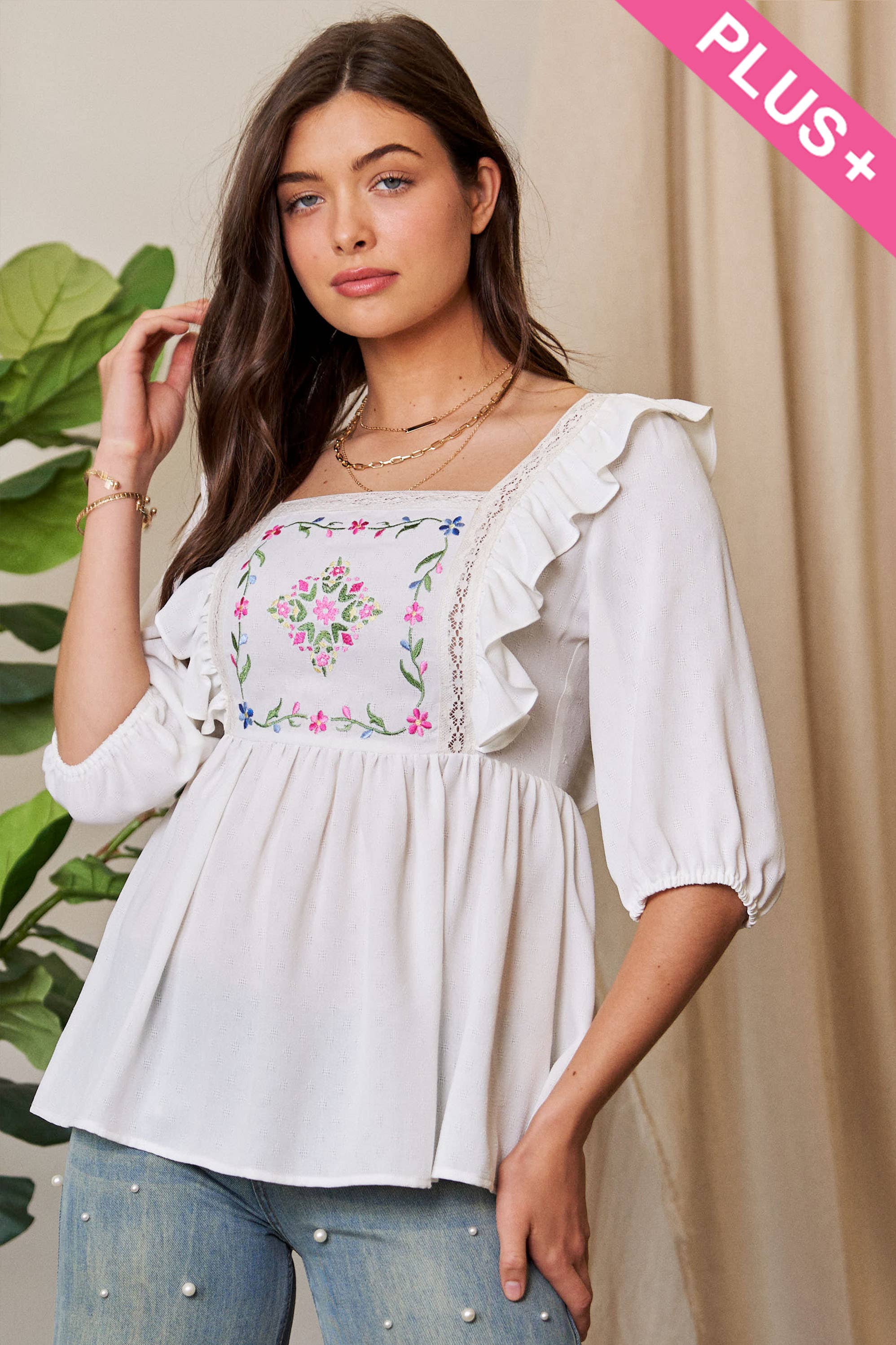 Plus Size Tie Back Floral Embroidery Top