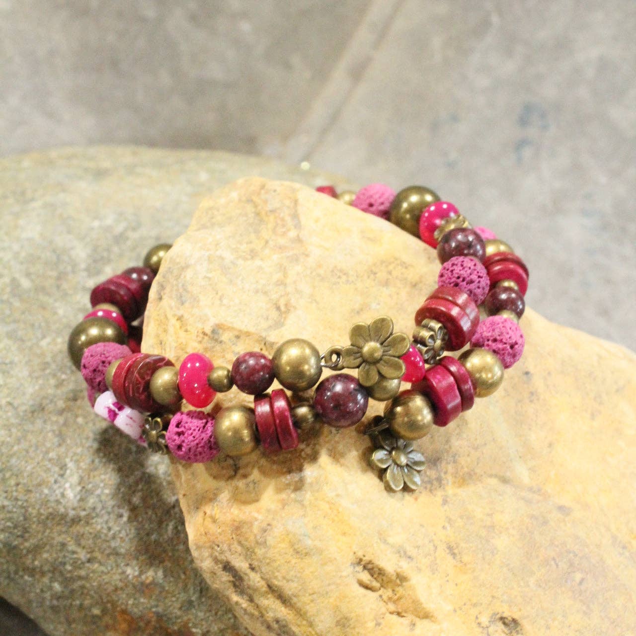 Flower Power Czech Pink Wrap Bracelet