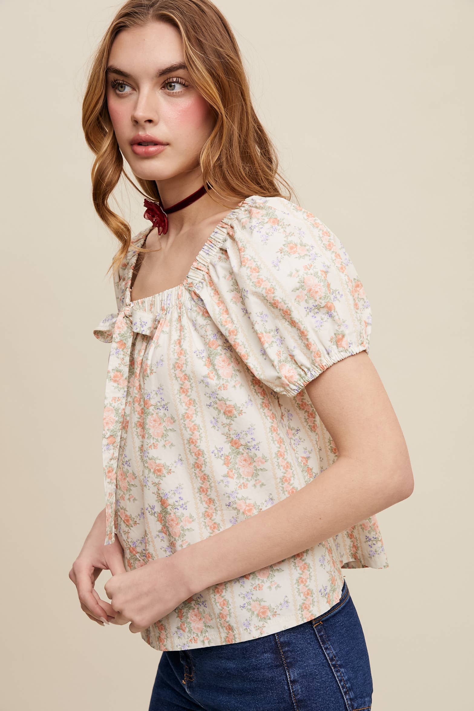Pink Flower Floral Puff Sleeve Blouse