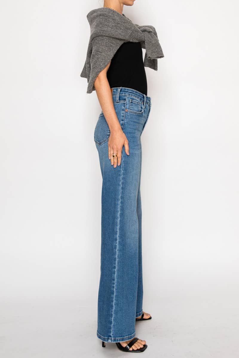 Alexa palazzo jeans side angle - flattering tummy control design with high-rise waist and flowing wide legs