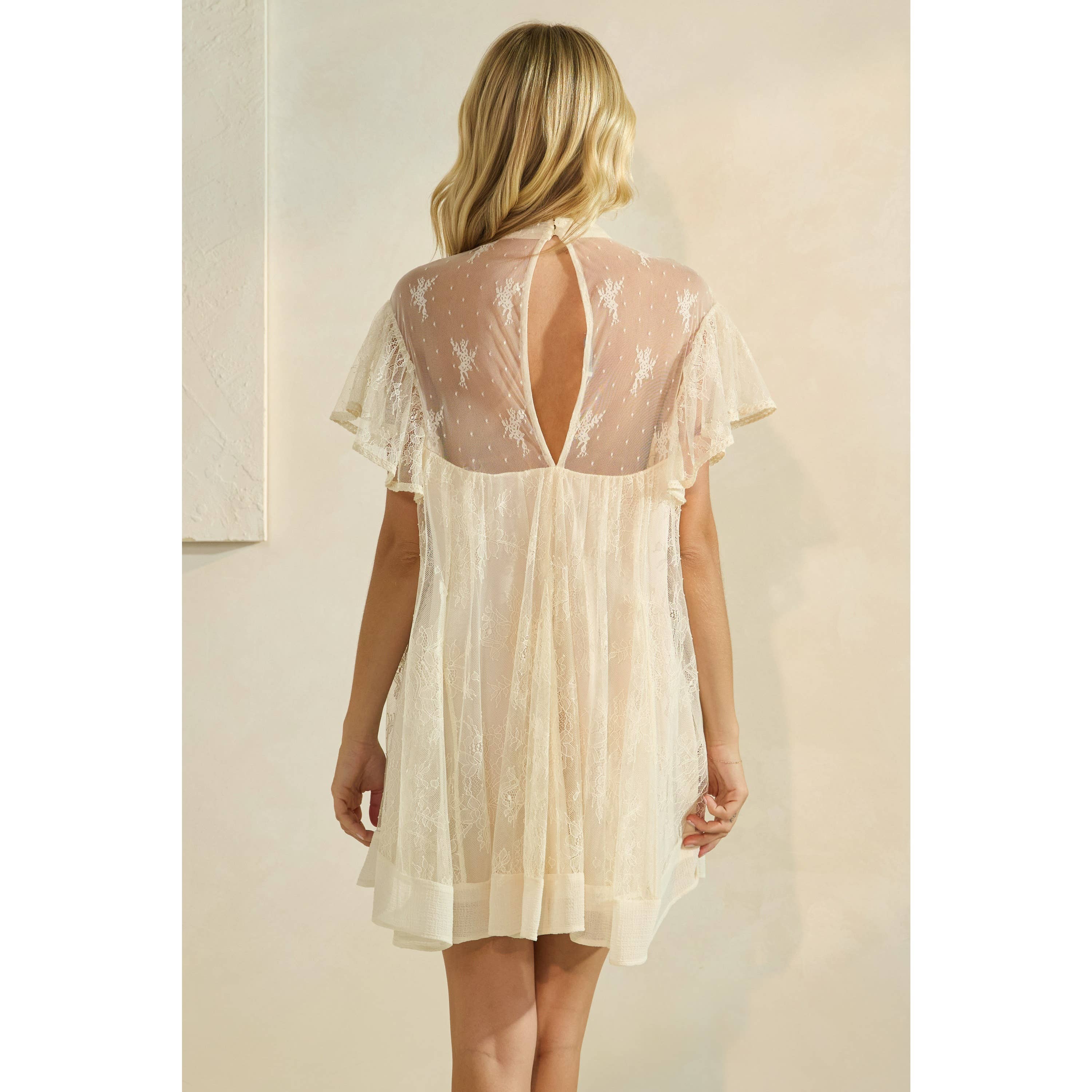 Lace flutter sleeve mock neck mini dress