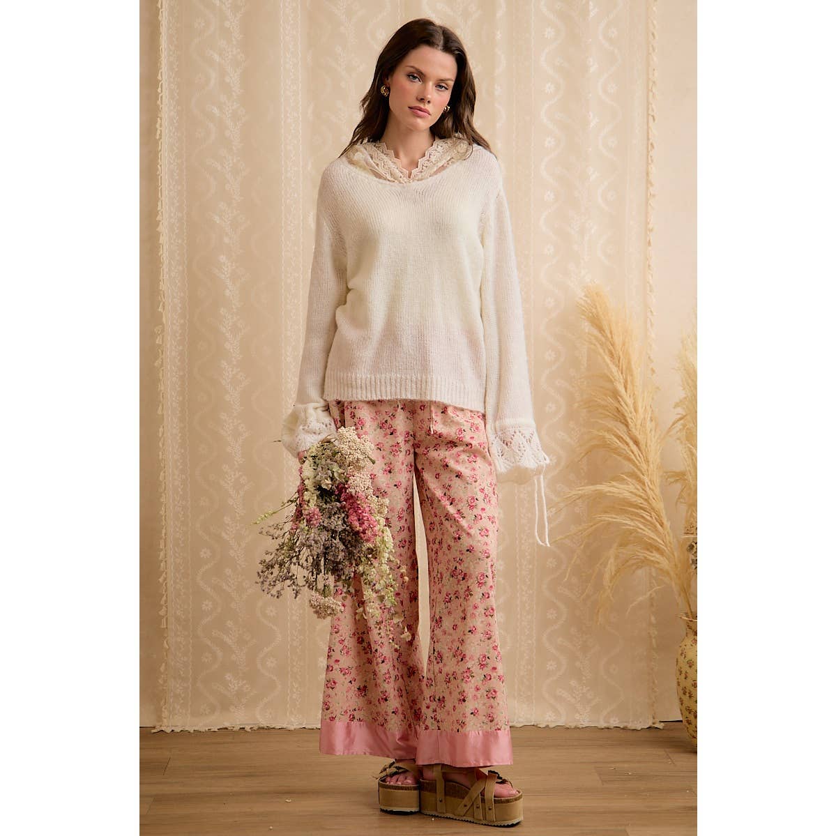 Ivory Lace Hoodie Fringe Sweater