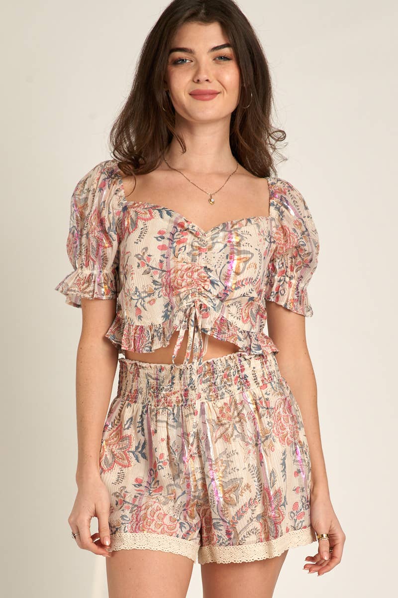 Floral & Metallic Puff Sleeve Front Tie Ruffle Top