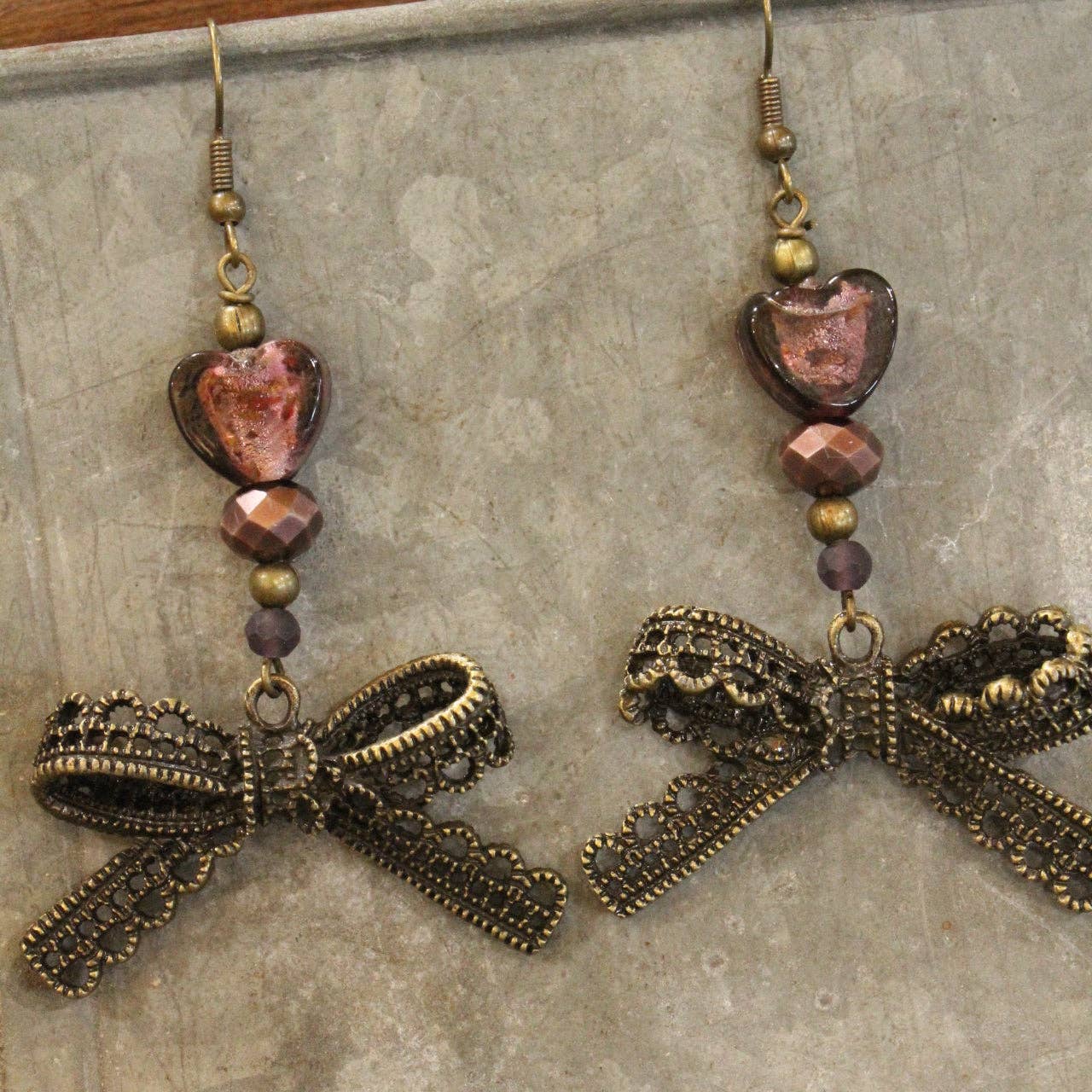 Vintage Purple Glass Bow Drop Earrings
