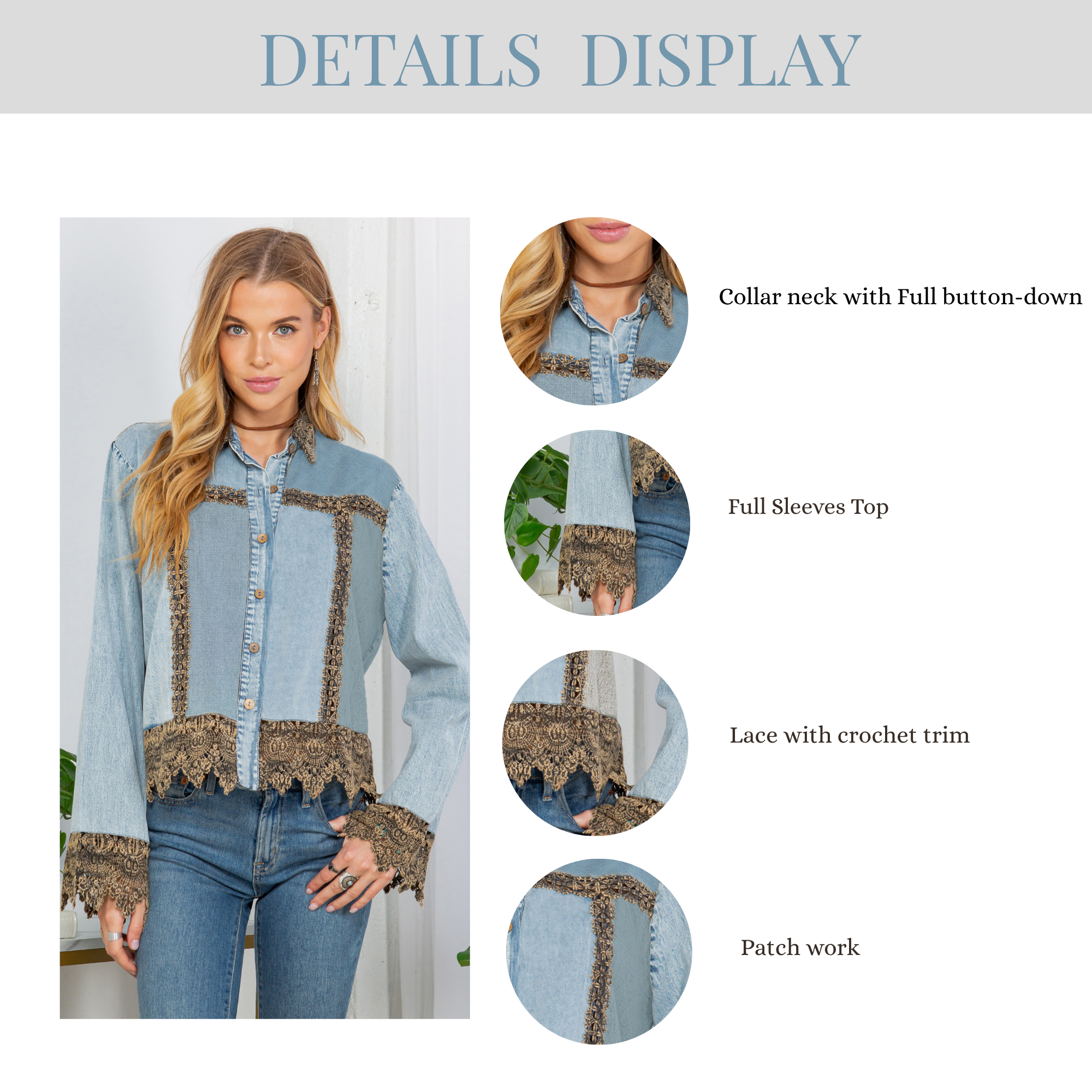 The Havannah Lace Trim Denim Top