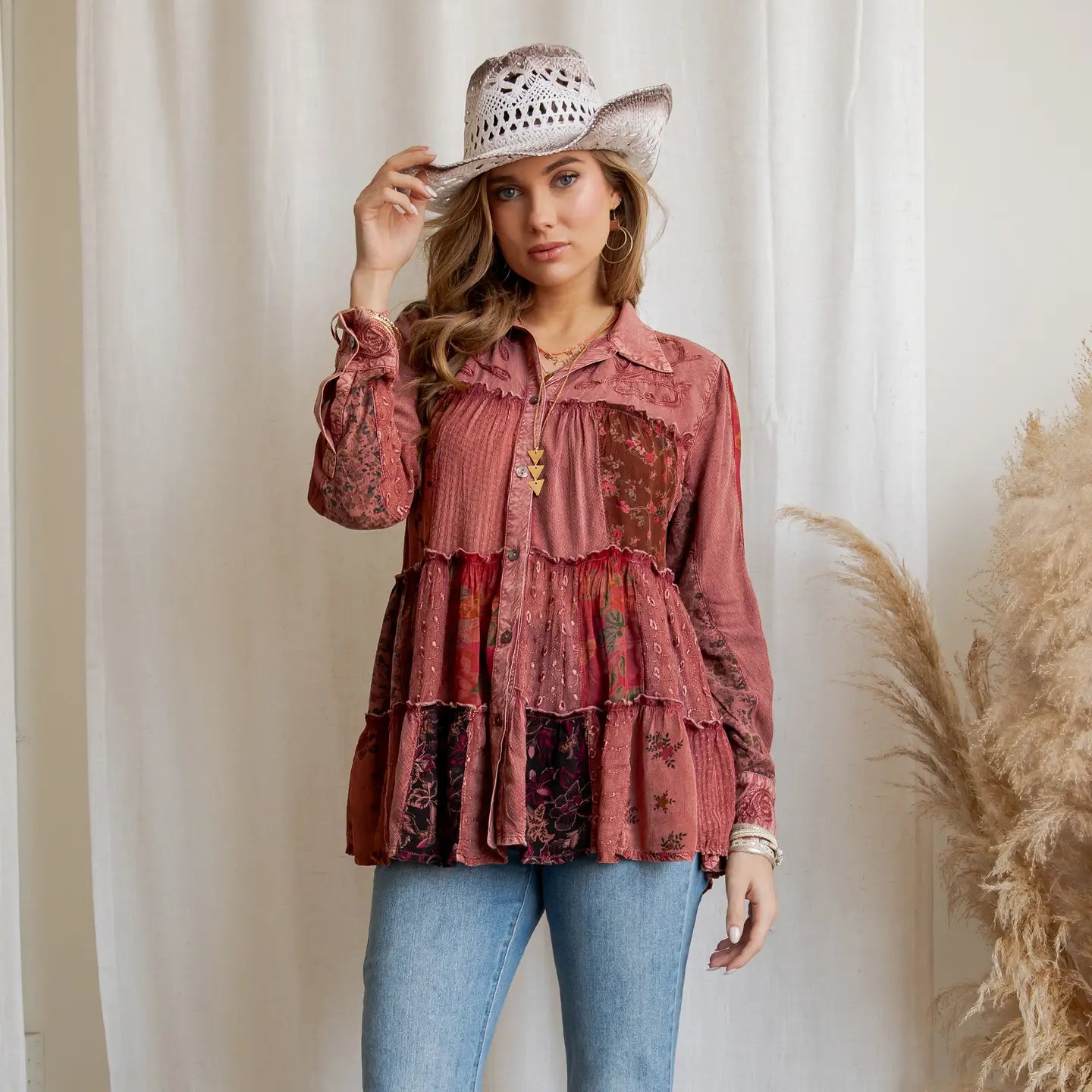Boho Patchwork Knit Tiered Top