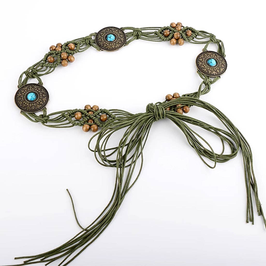 Olive braided cord sash belt with turquoise stone medallions and bow-tied tassels