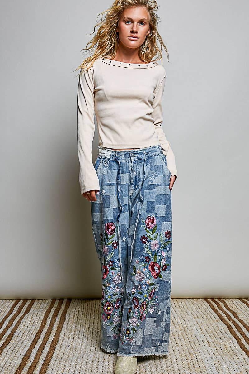 Vintage Bloom Denim Wide Leg Pants