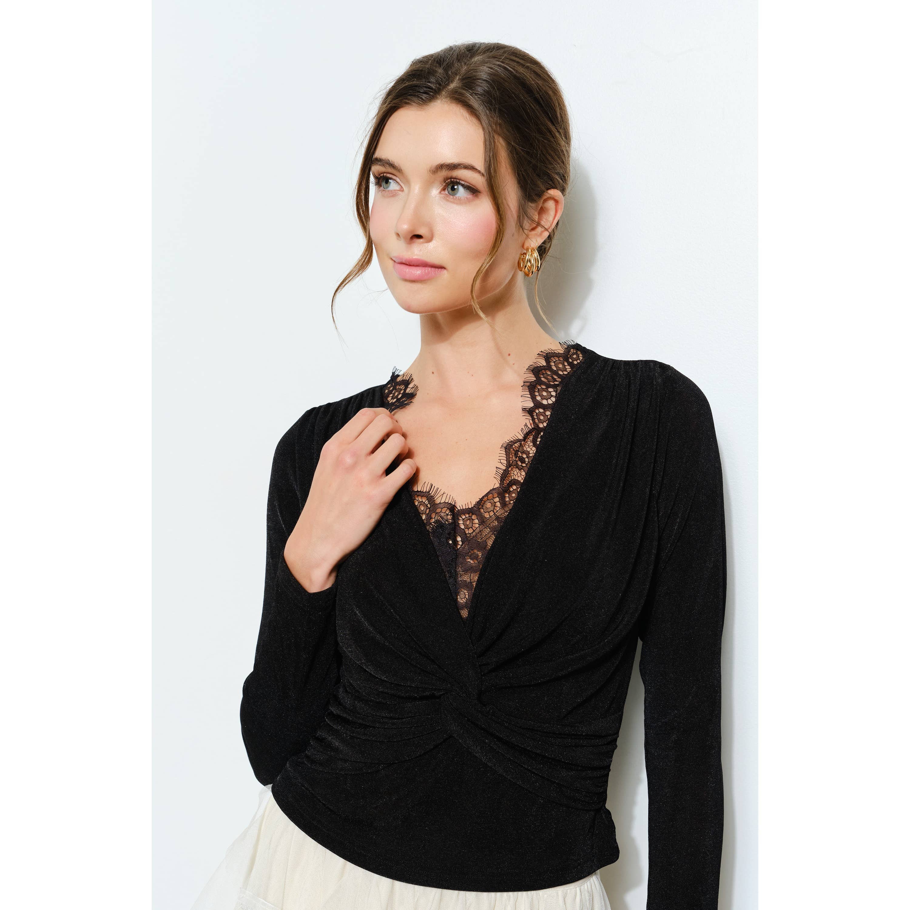 Velvet Twist-Front Long Sleeve Top