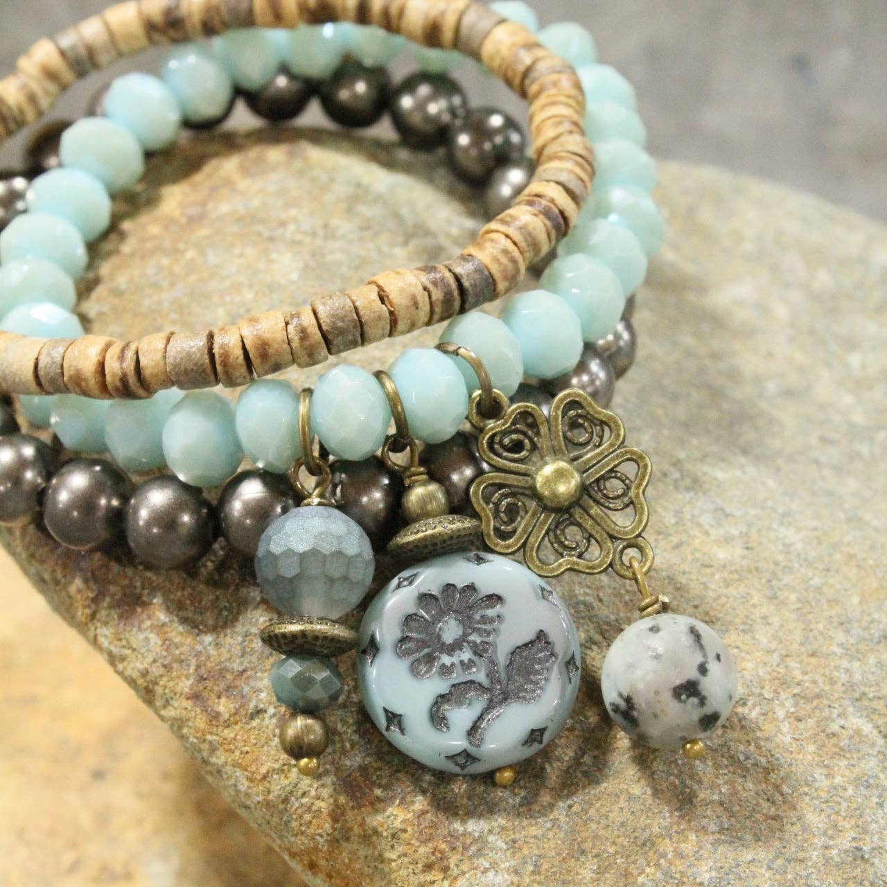 Denim Days Floral Czech & Stone Stretch Bracelet Set