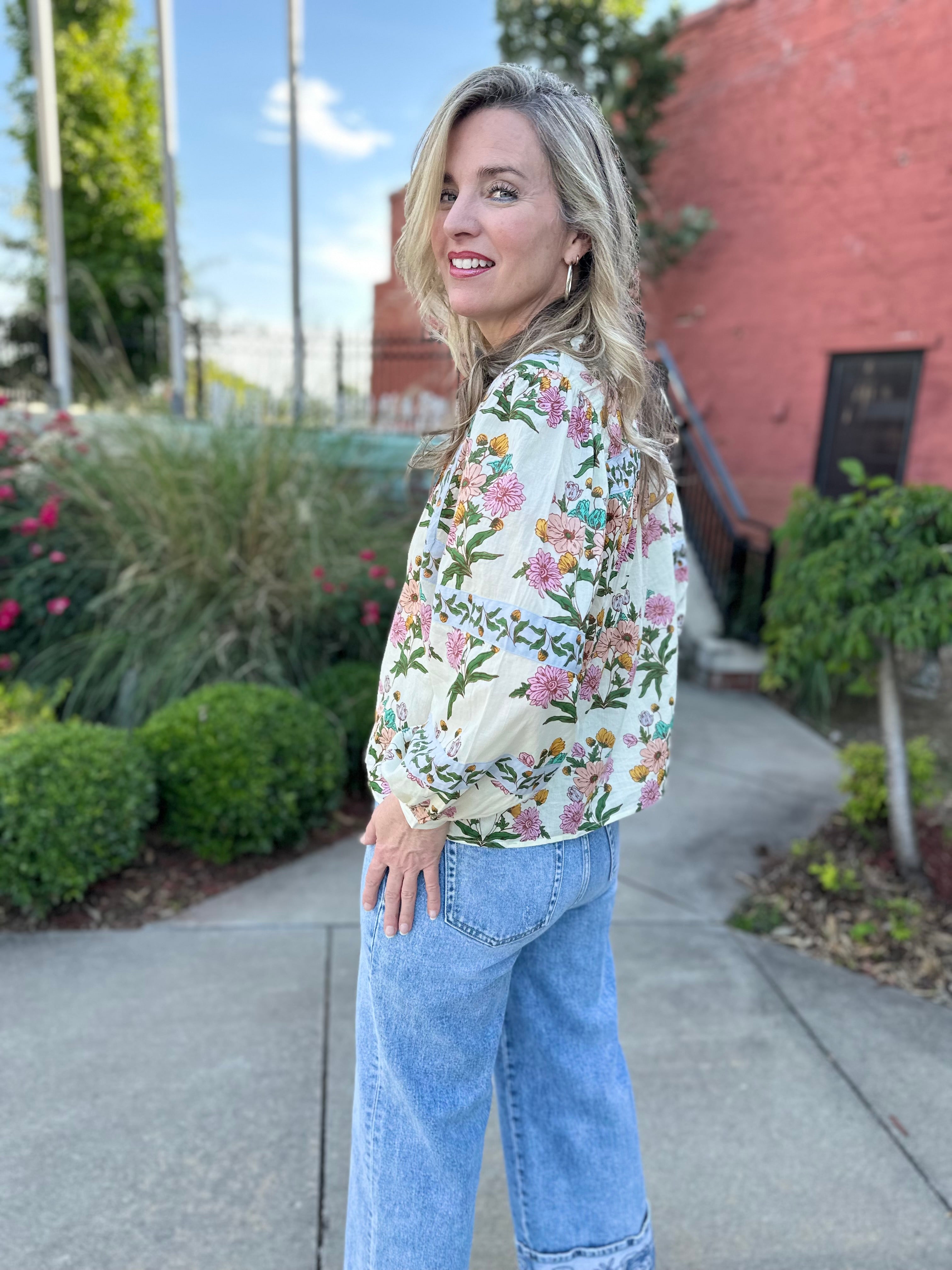 Morning Garden Pin-Tuck Blouse – botanical floral print, split V-neckline, side view