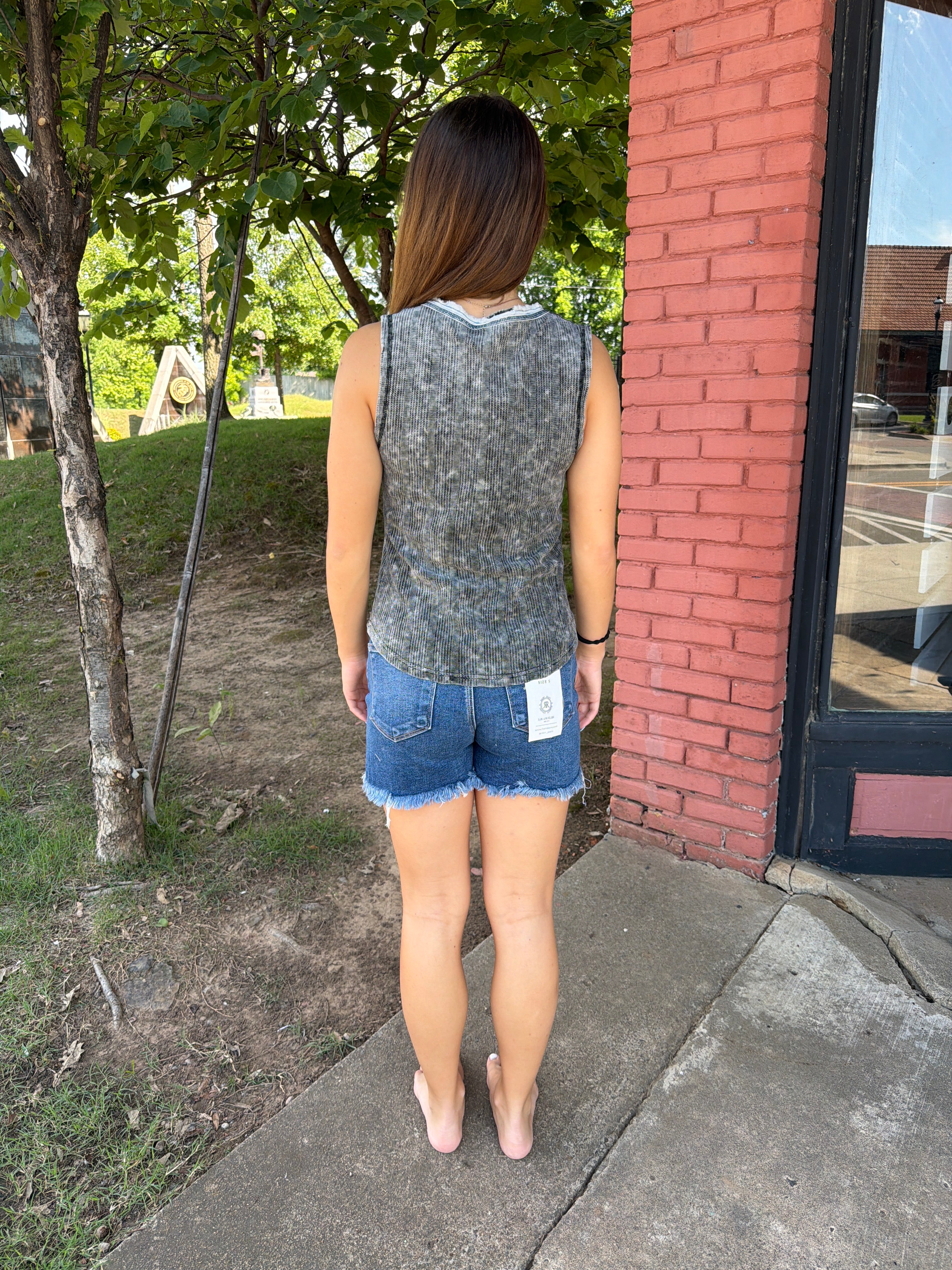 Back view of henley shirt in washed black