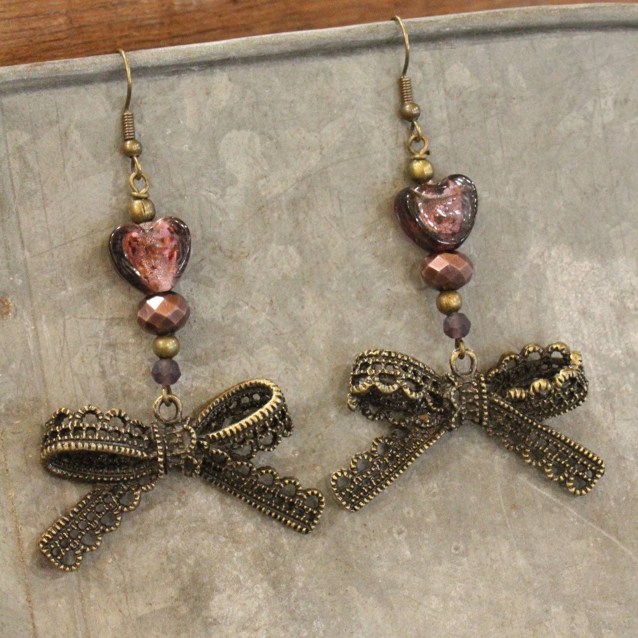 Vintage Purple Glass Bow Drop Earrings