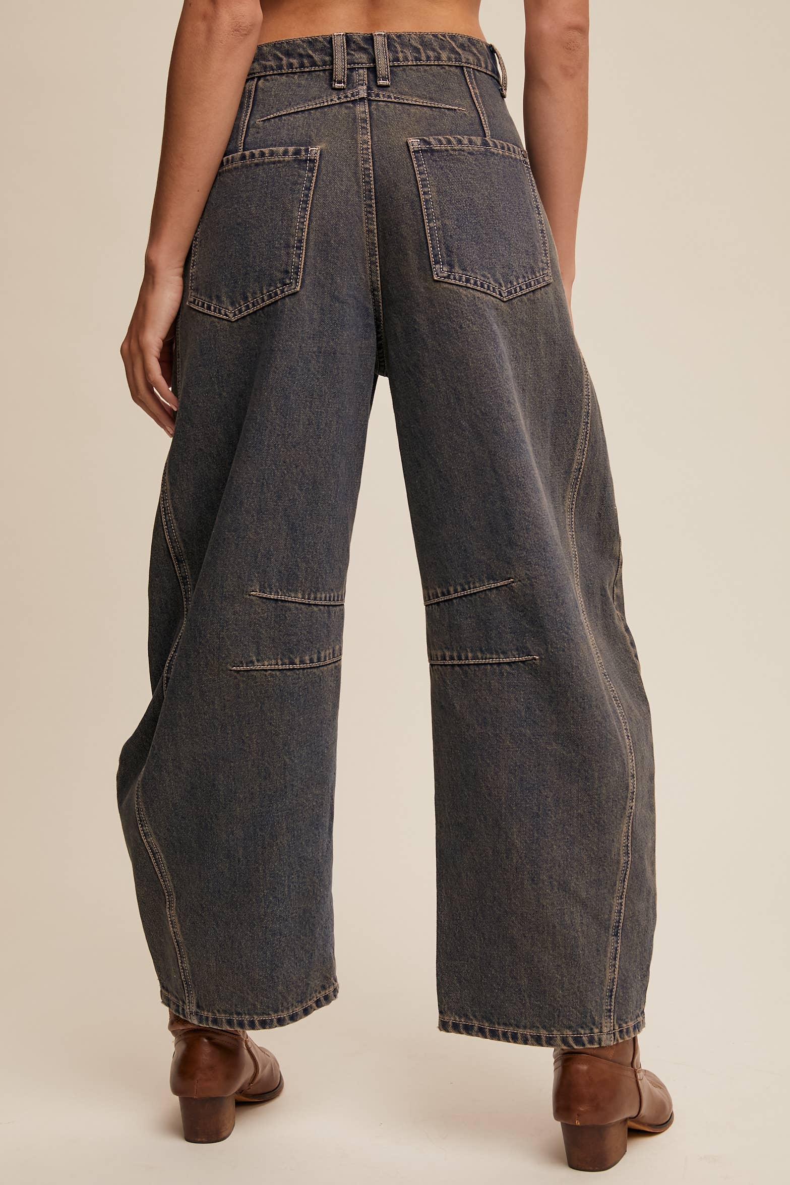 Back view- Side view- Dark wash wide-leg jeans with relaxed fit, seam detailing across the knees, and a high-rise waist, styled with brown ankle boots.