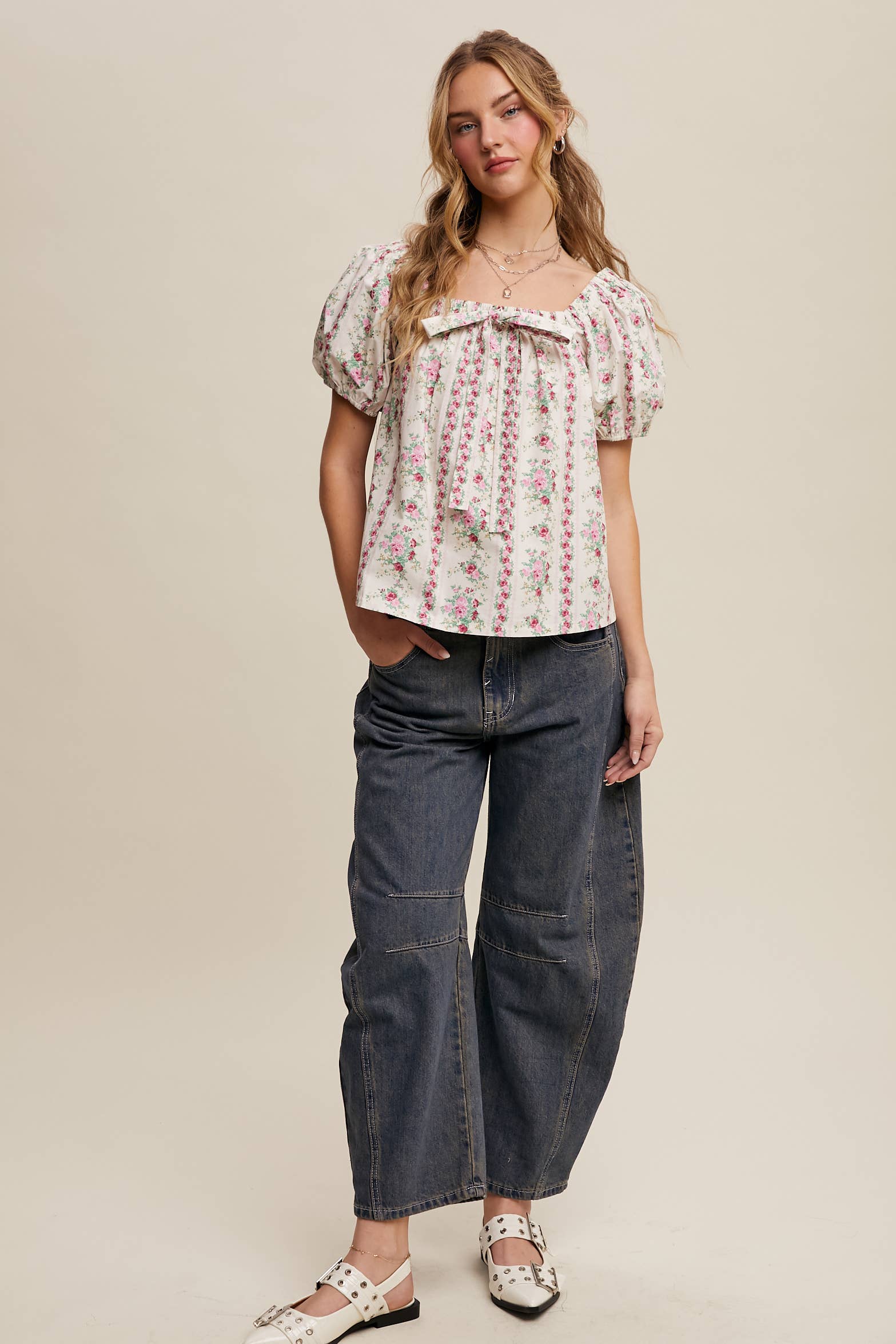 Pink Flower Floral Puff Sleeve Blouse