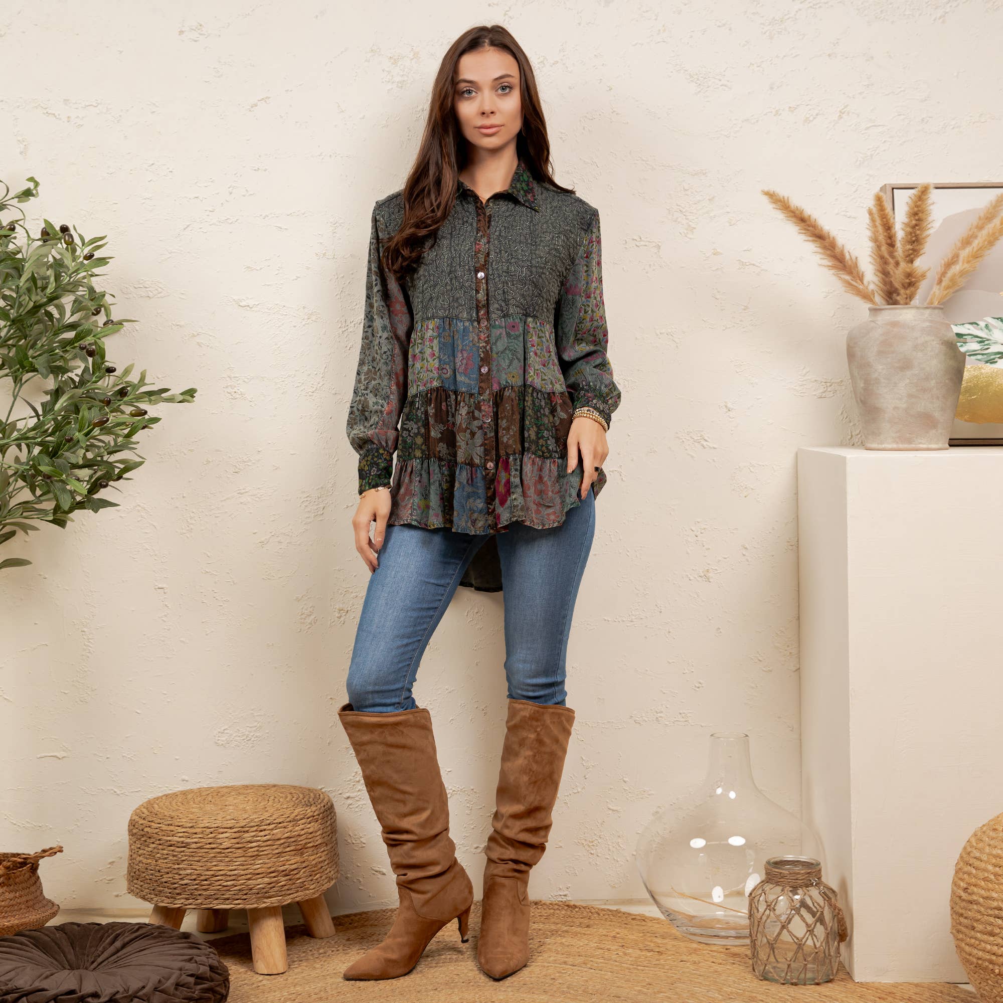Vintage Floral Boho Button Down Plus
