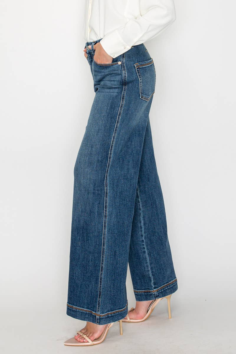 Palazzo jeans side angle - ultra-wide leg denim with high-rise waist and elegant drape
