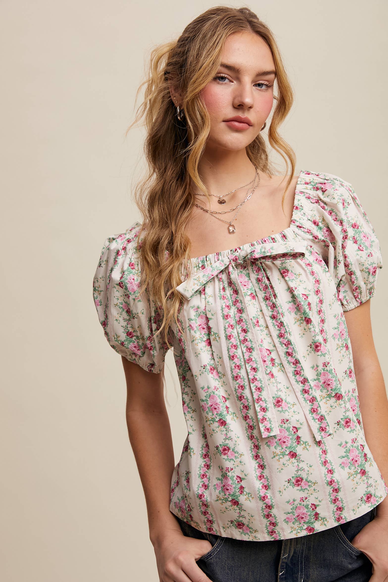 Pink Flower Floral Puff Sleeve Blouse