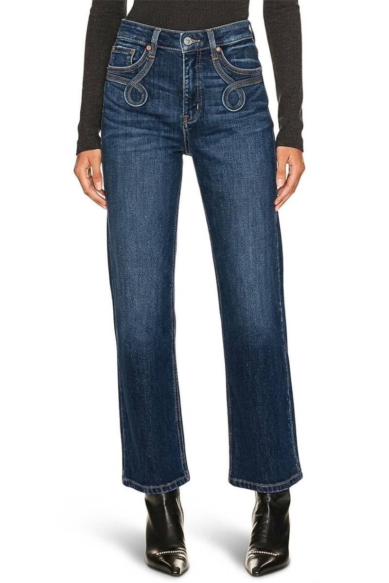 Front view of Artemis Vintage dark wash high-rise ankle straight jeans with looped Western pocket stitching.