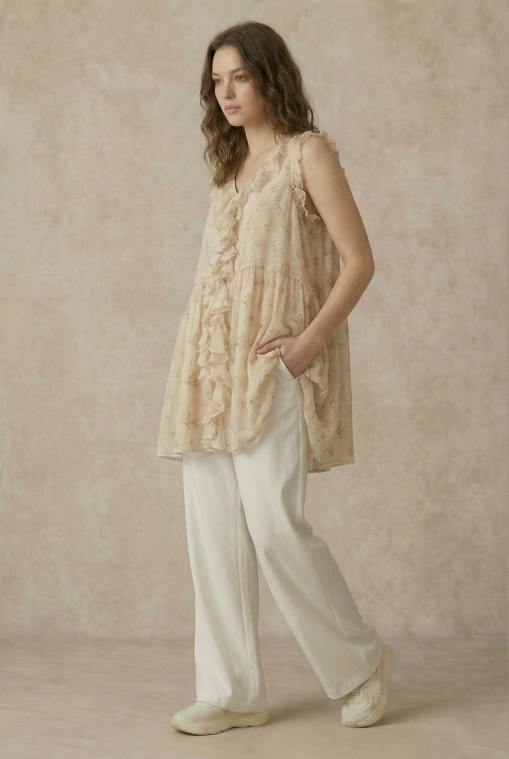 Enchanted Garden tunic styled - whimsical floral ruffled top with effortless boho-luxe elegance