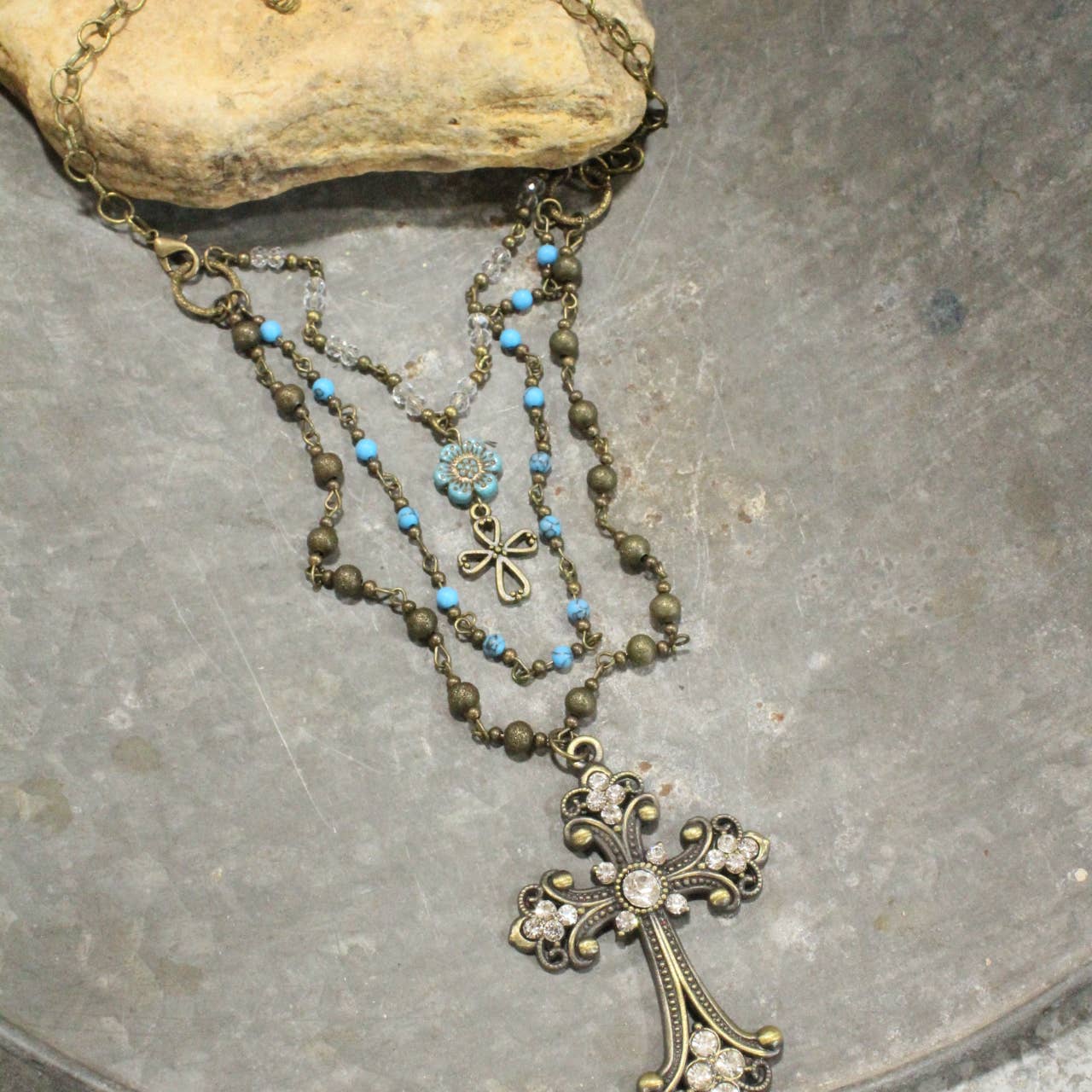 Vintage Bronze Cross Denim Czech Pendant Layered Necklace