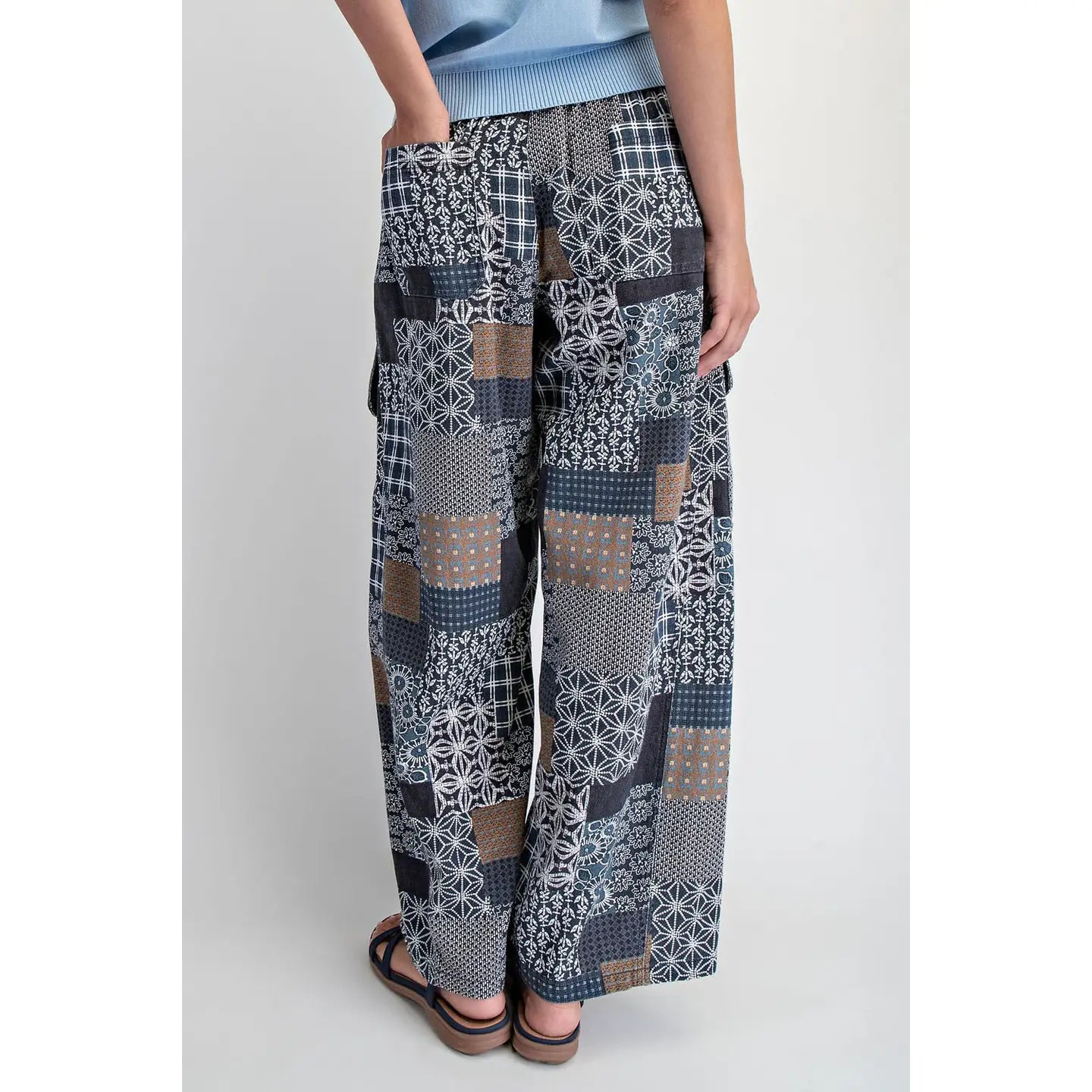 Patchwork print barrel leg pants back view