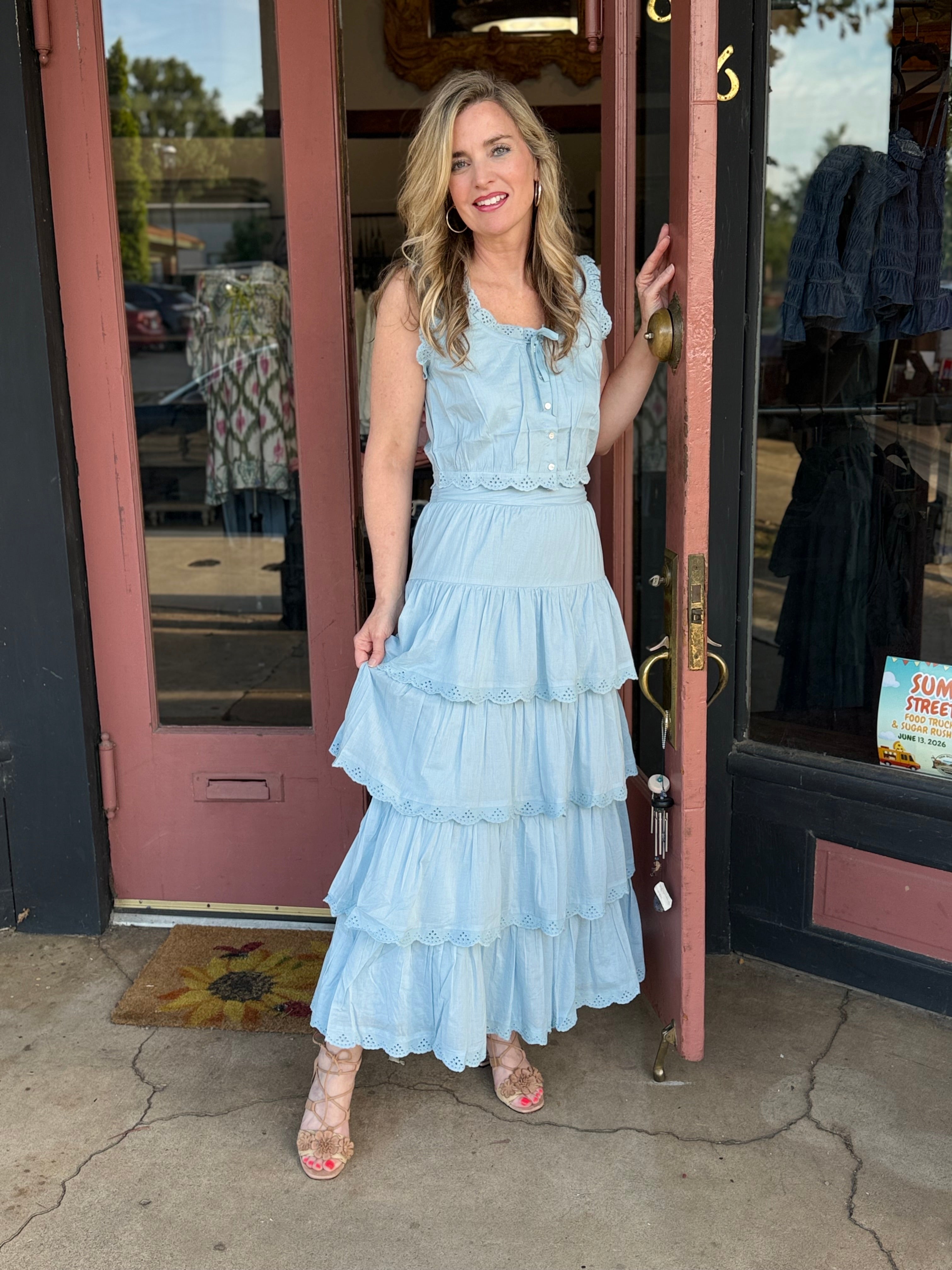 Front view of the rosette eyelet top and skirt
