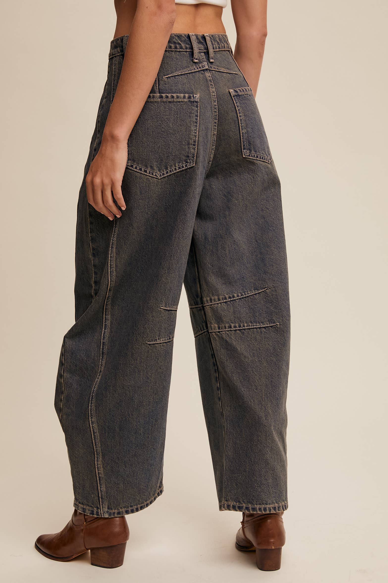 Back view- Side view- Dark wash wide-leg jeans with relaxed fit, seam detailing across the knees, and a high-rise waist, styled with brown ankle boots.