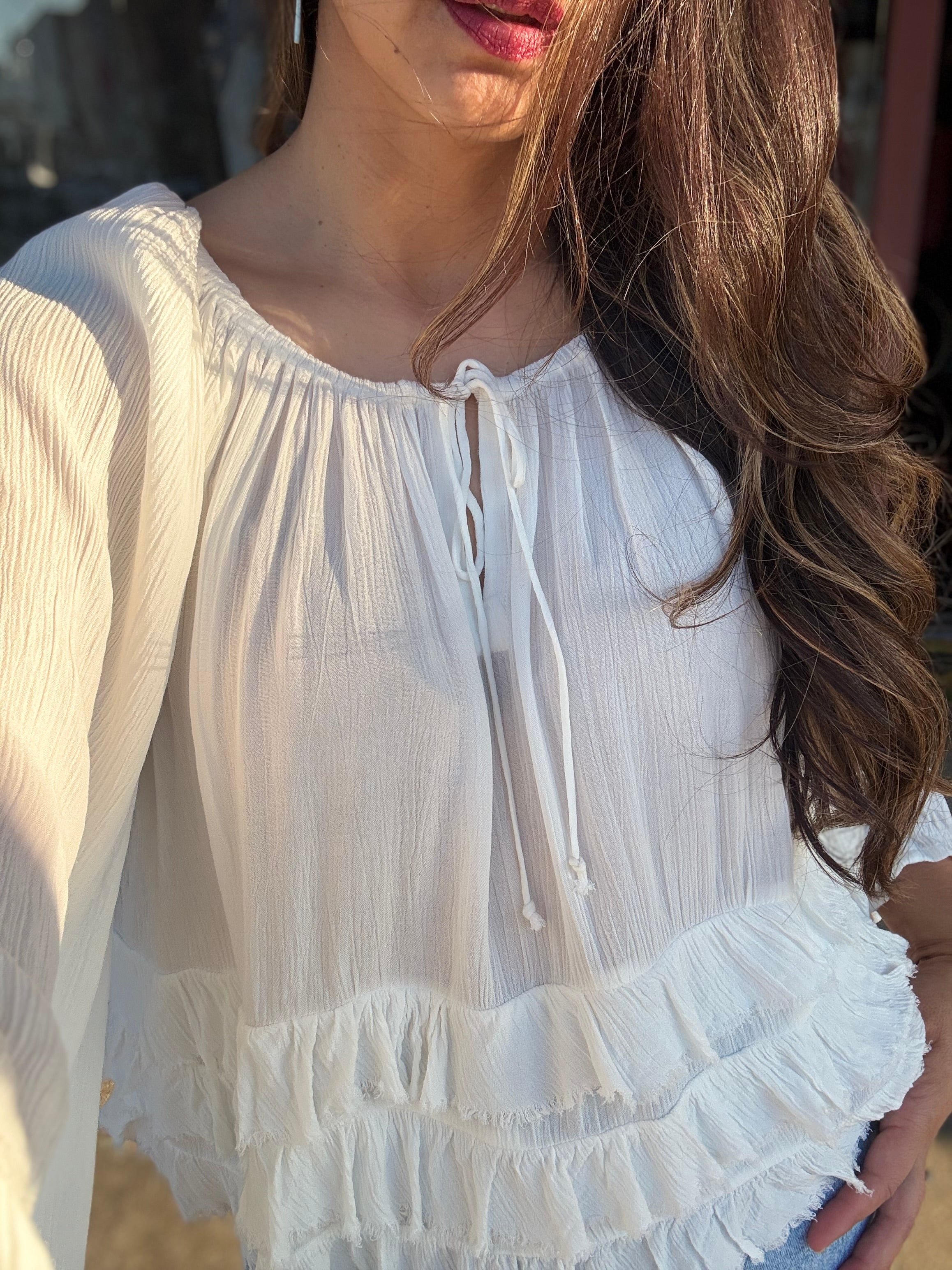 Ivory Tiered Ruffle Bell Sleeve Top