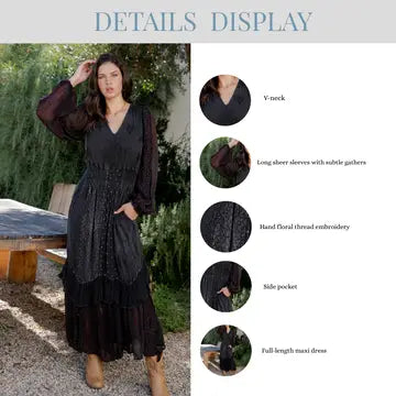 Deep Charcoal Boho Embroidered Maxi Dress - front view product details display