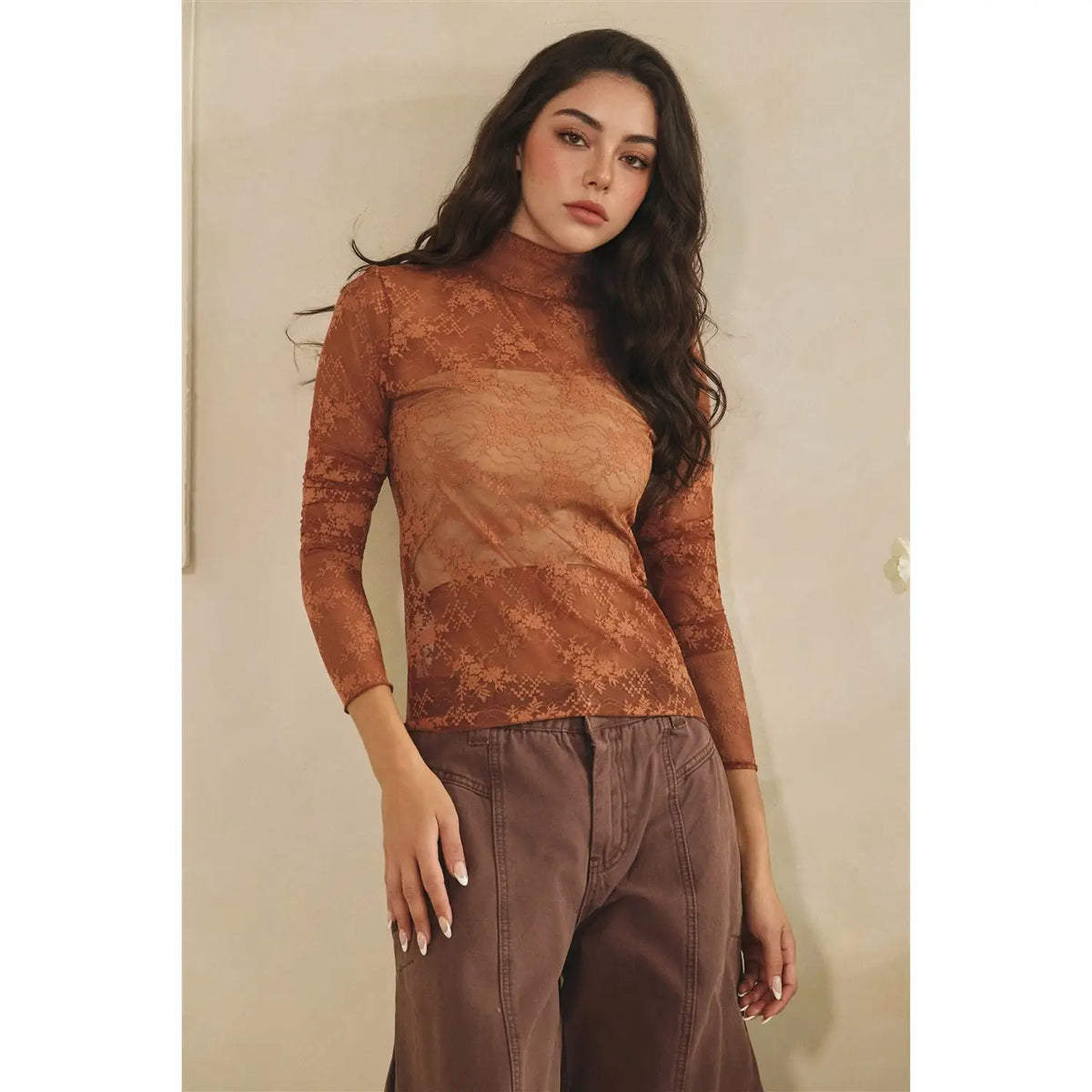 Narrow Hem Sheer Lace Top in Copper - mock neck floral lace long sleeve top