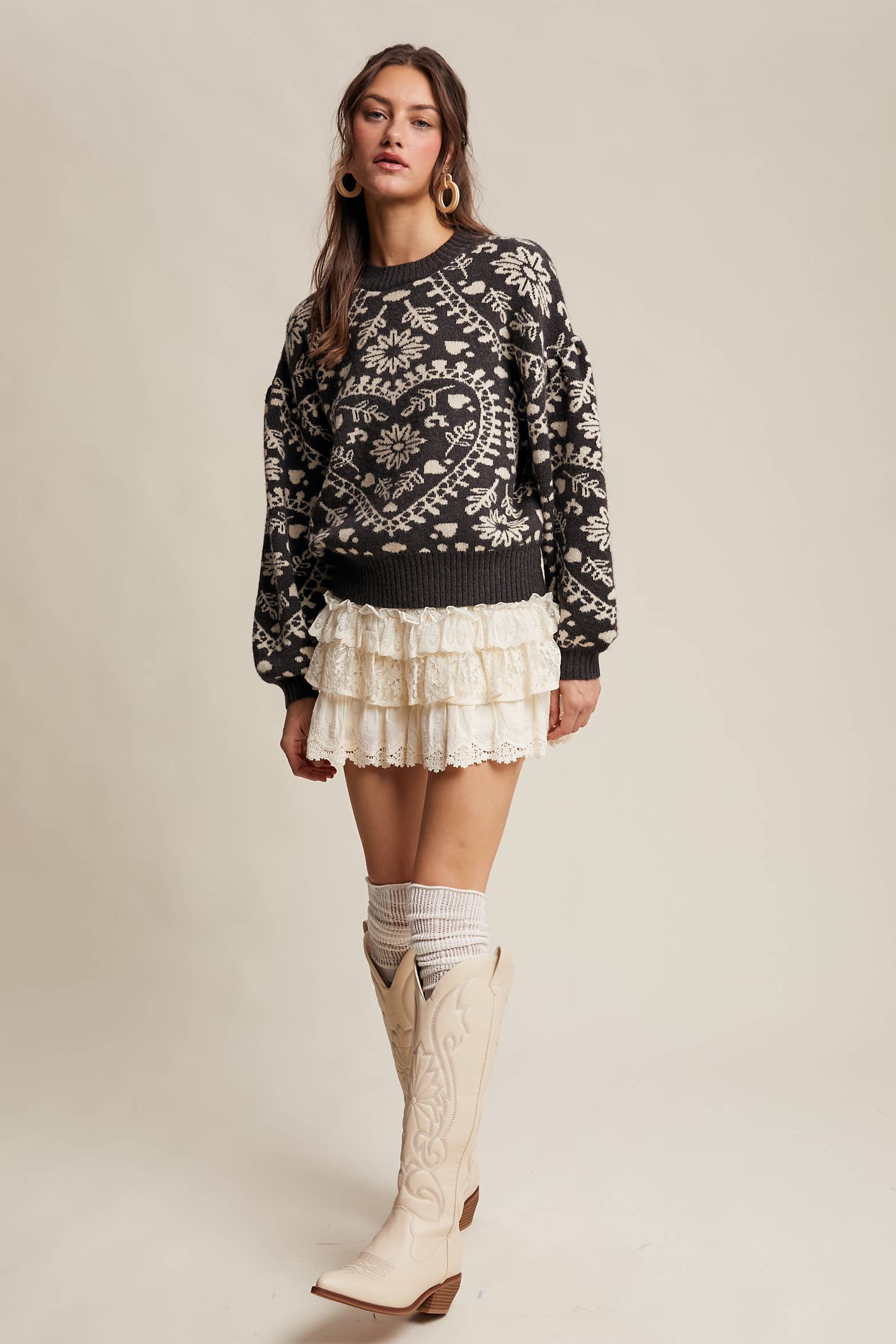 Charcoal crewneck sweater with cream floral heart–motif jacquard, puff sleeves, and ribbed cuffs and hem.