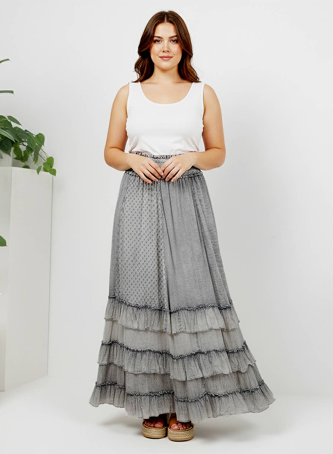 The Reverie Ruffled Tiered Maxi Skirt in Grey - detail of smocked waistband and tiered panels