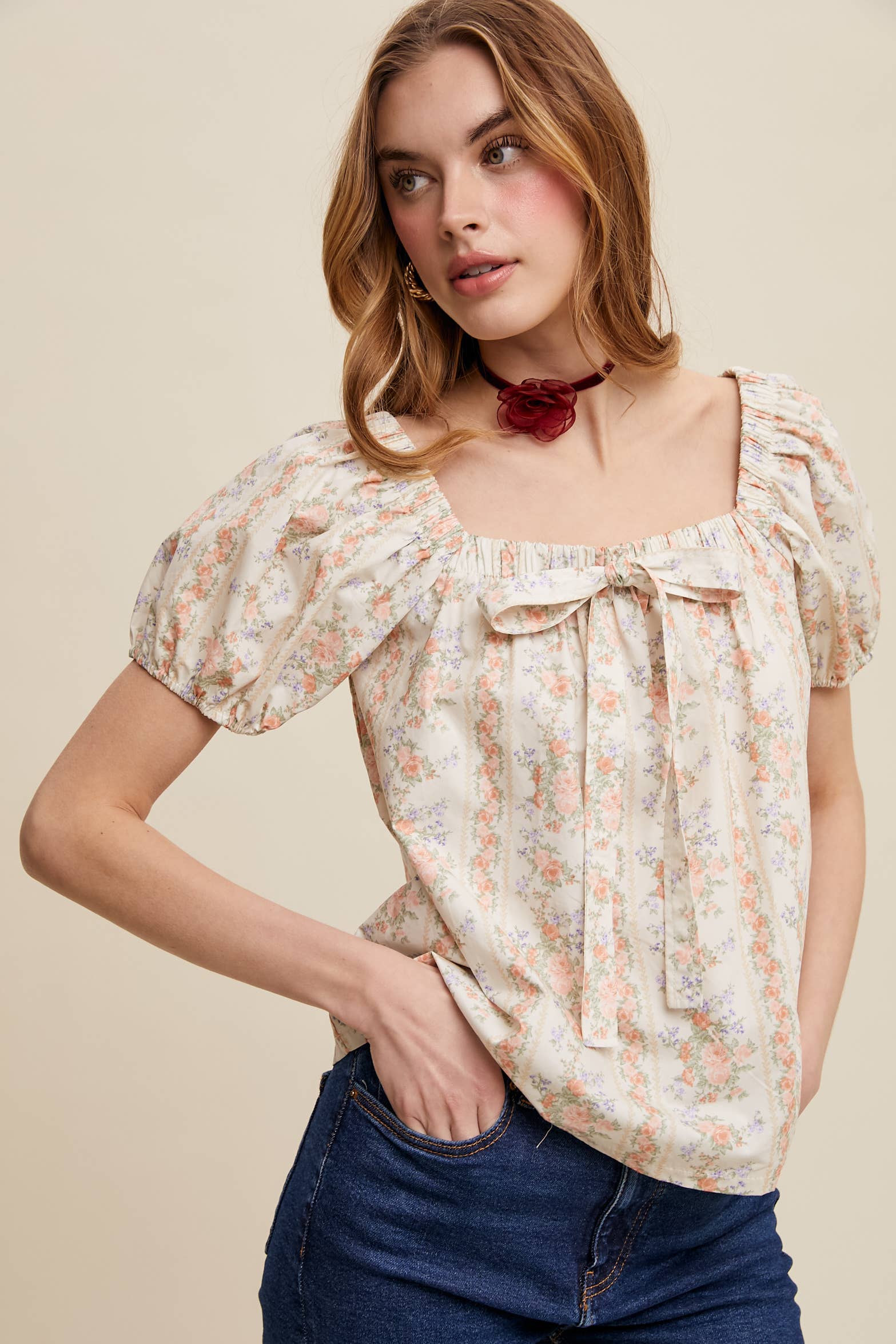 Pink Flower Floral Puff Sleeve Blouse