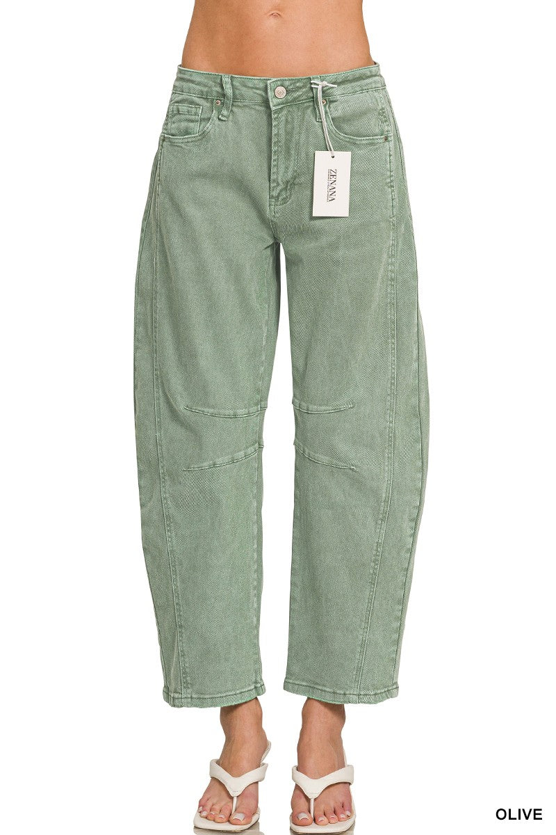 The Honey Barrel-Leg Denim Pants - relaxed barrel-leg silhouette in stretch denim, front view"