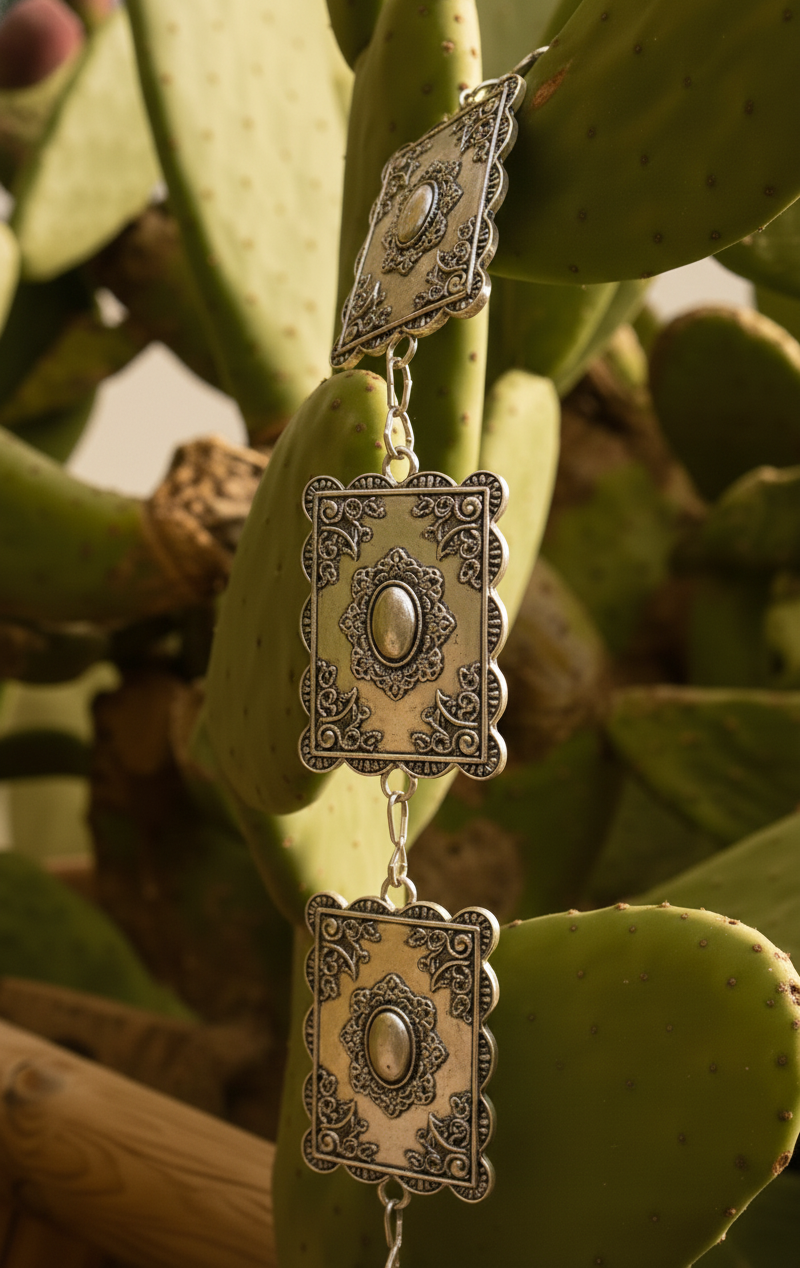 Three ornate silver-toned metal wind chimes with engraved floral patterns and oval stone centers, hanging vertically against a green prickly pear cactus background.